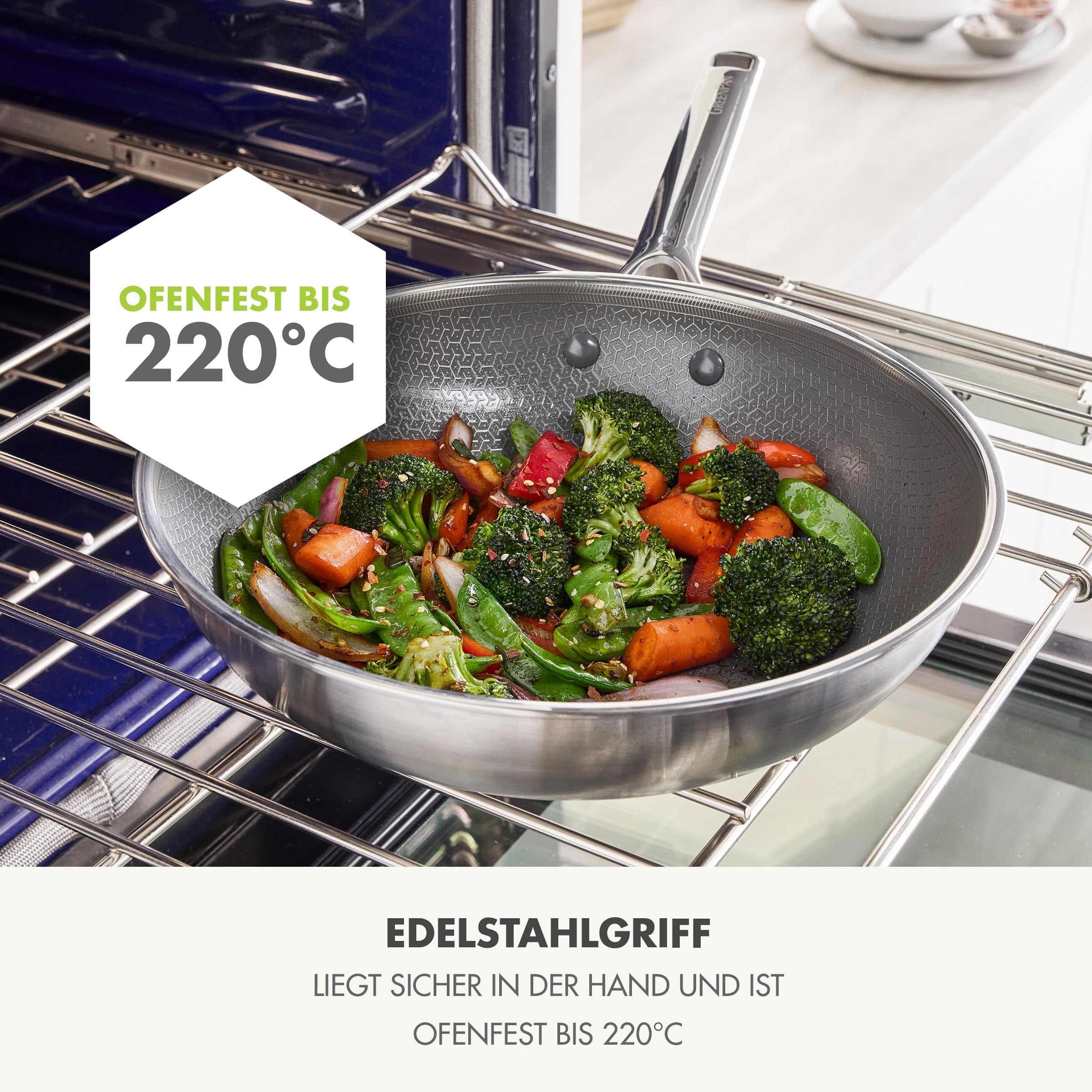 GreenPan Hybrid-Wok aus Edelstahl mit Antihaftbeschichtung, 28 cm, APEX Tri-Ply Thermobond PFAS-freie Keramikpfanne, Induktionsgeeignet, Ofenfest bis 220 °C, Spülmaschinenfest, Silber