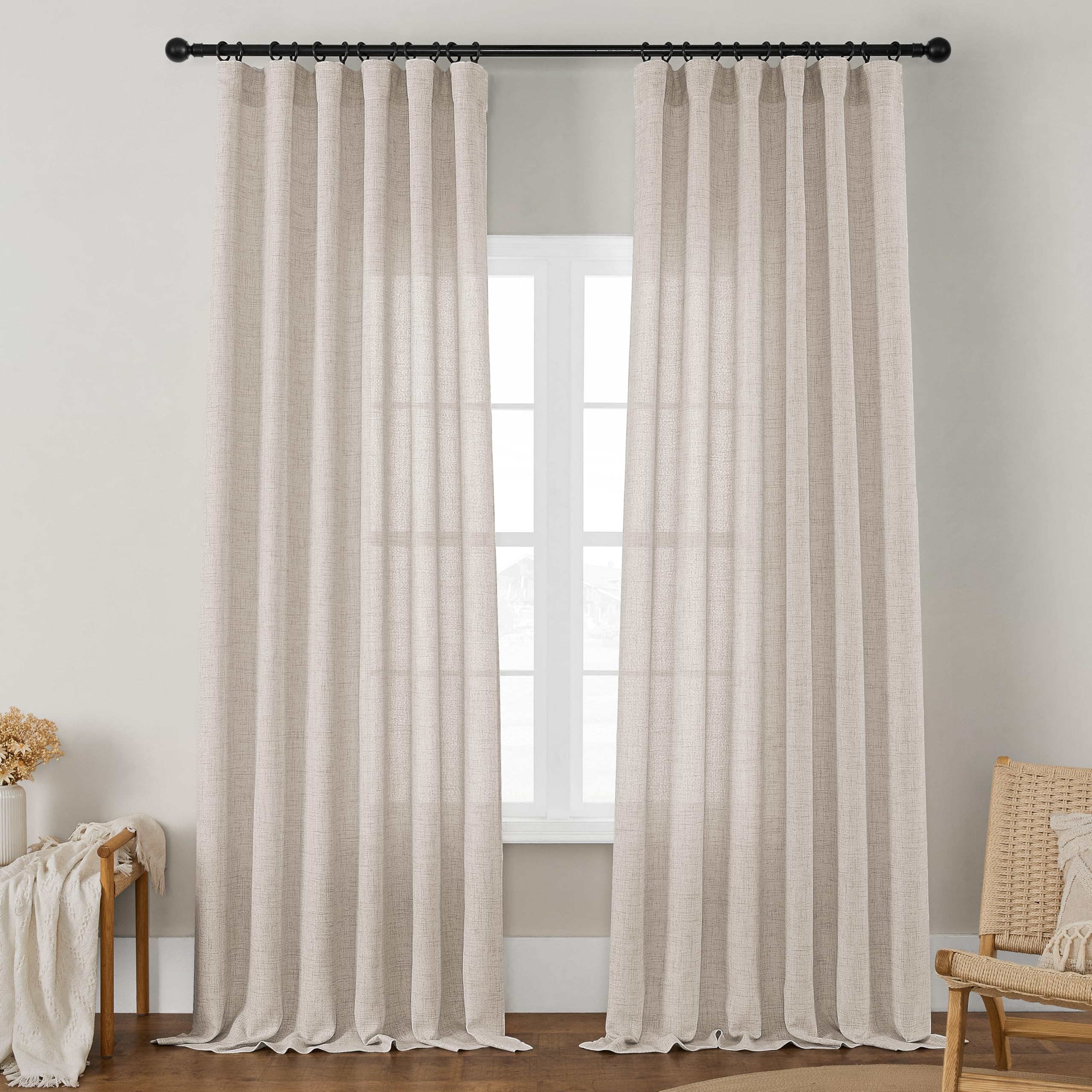 DUKIYO Linen 86 Inch Curtains 2 Panels for Dining Living Room Semi Sheer Light Filtering Farmhouse Curtains with Rod Pocket Hook Belt Privacy Tan Beige Flax Linen Long Window Drapes