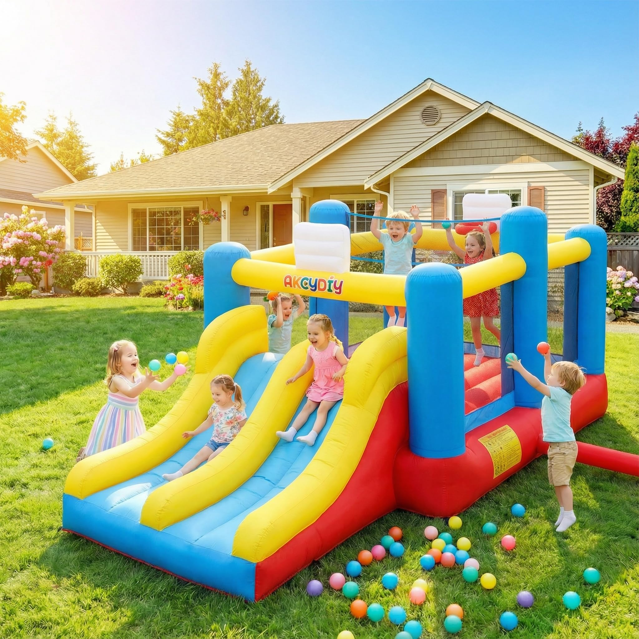 Gran Castillo Hinchable para niños de 3 a 12, Red de Voleibol, tobogán Doble y trampolín Grande, Castillo Hinchable con soplador, casa Hinchable para niños, Exterior/Interior, Regalo de cumpleaños
