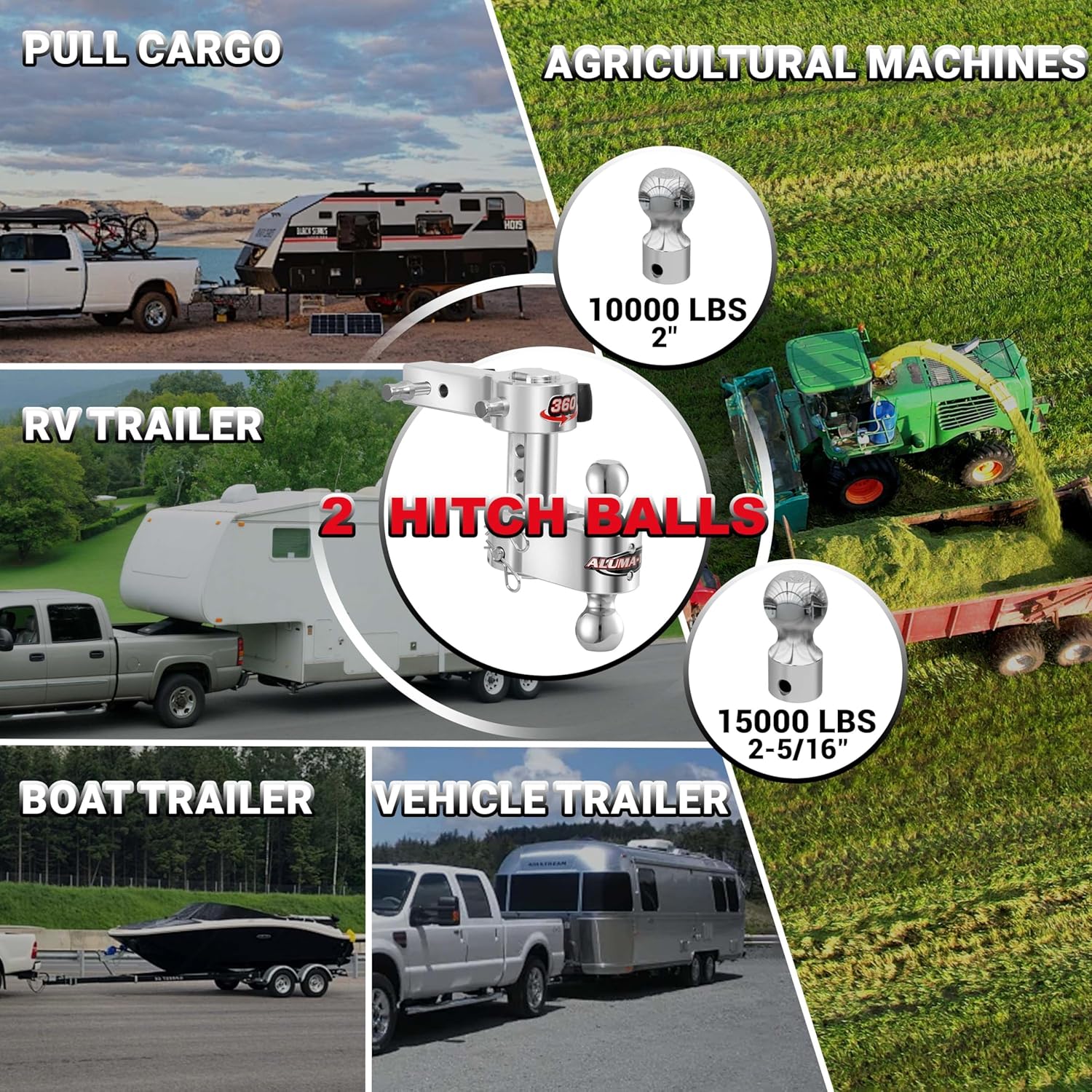 Aluma-Tow UT623360 360° Adjustable Trailer Hitch for 2" Receiver, Heavy Duty Aluminum Tow Hitches 15000 lb. GTW for Truck 6" Max Drop - Silver