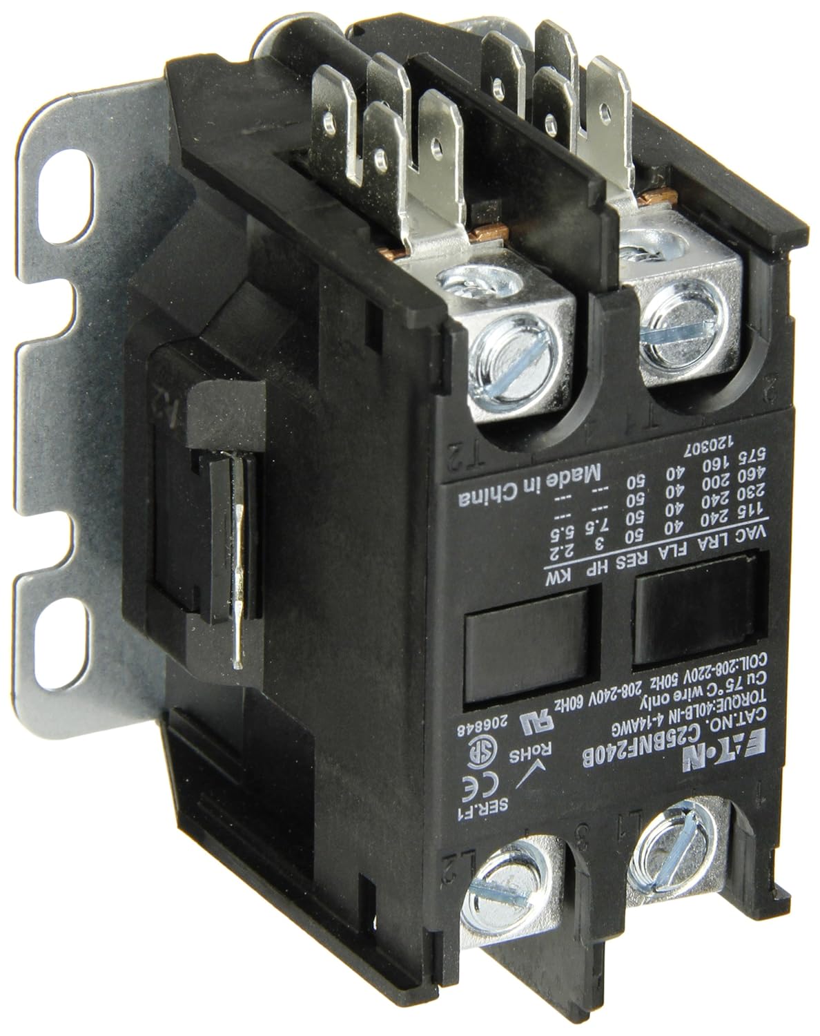 Eaton C25BNF240B Compact Definite Purpose Contactor, 40A Inductive Current Rating, 3 Max HP Rating at 115V, 7.5 Max HP Rating at 230V, 240VAC Coil Voltage