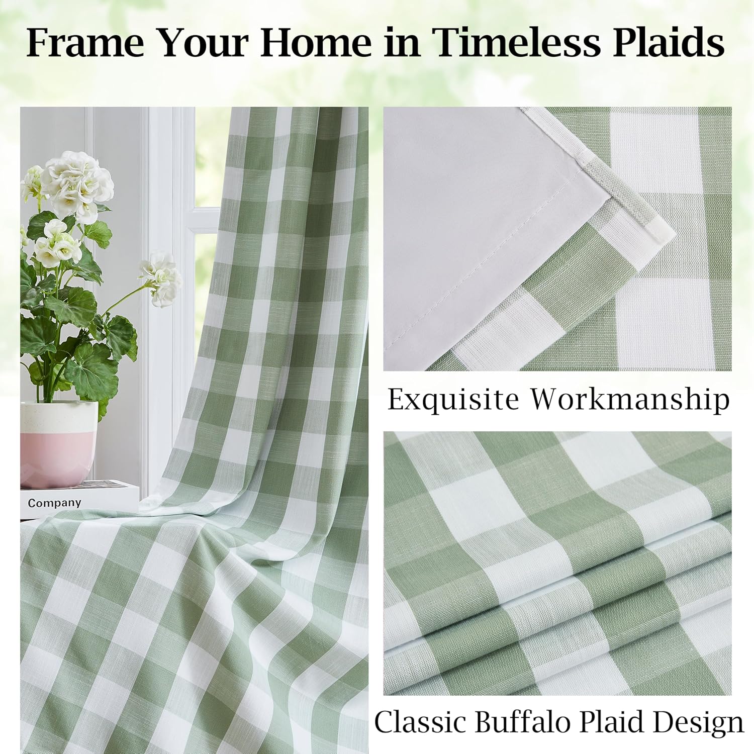 Short Farmhouse Buffalo Plaid Blackout Curtains with Liner,Sage Green Drapes for Bedroom Living Room,Energy Efficient Thermal Insulated Window Treatment,Rod Pocket Back Tabs,40" Wx63 Lx2