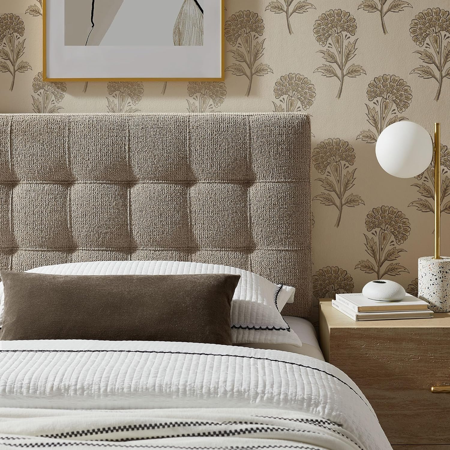 Modway Lily Twin Size Headboard with Biscuit Tufting in Taupe - Fabric Upholstery with Padded Design and 5 Height-Adjustable Mounts