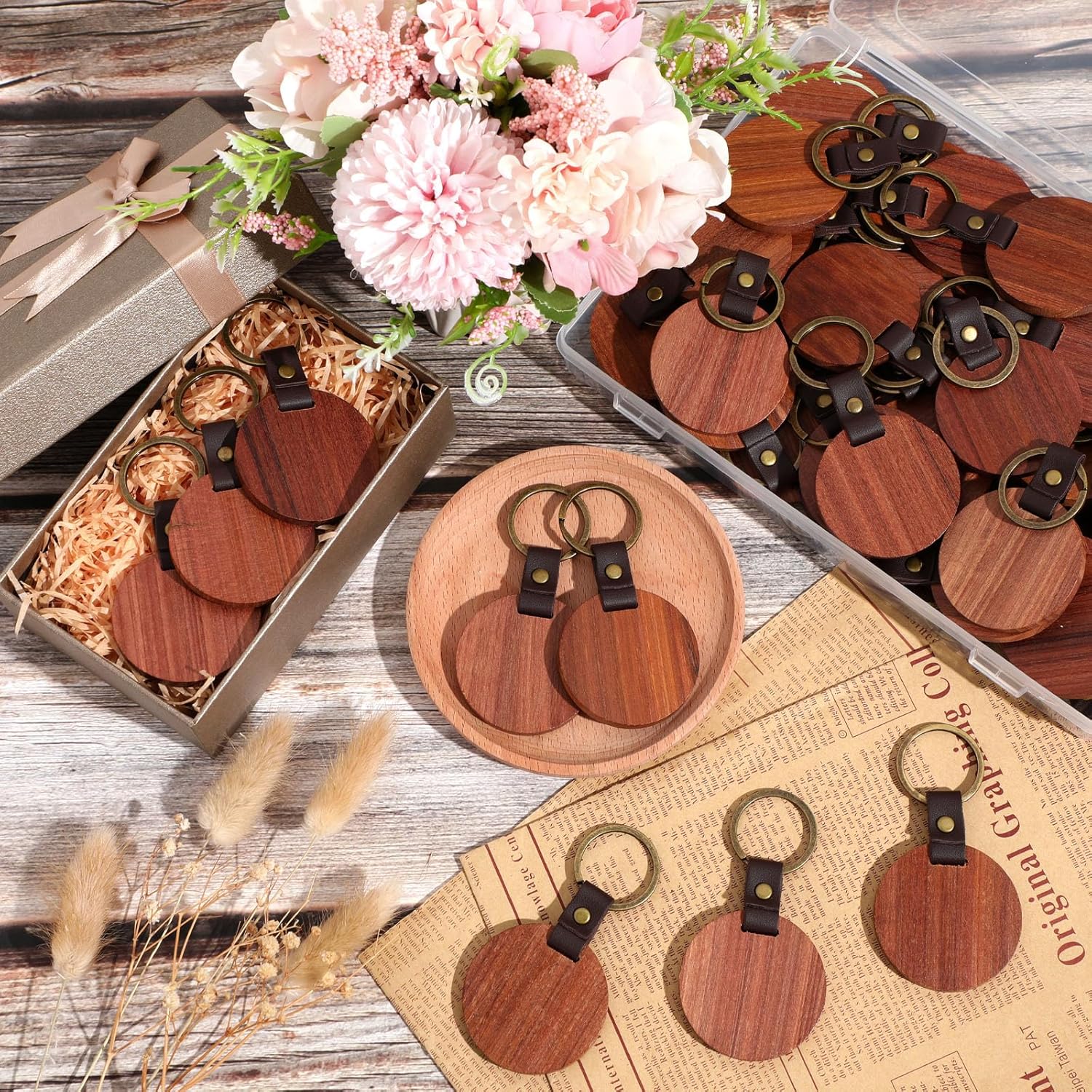 Ecally 48 Pcs Wood Keychain Blanks with Leather Strap 2 Inch Round Unfinished Wood Keyring Gifts for DIY Craft Christmas