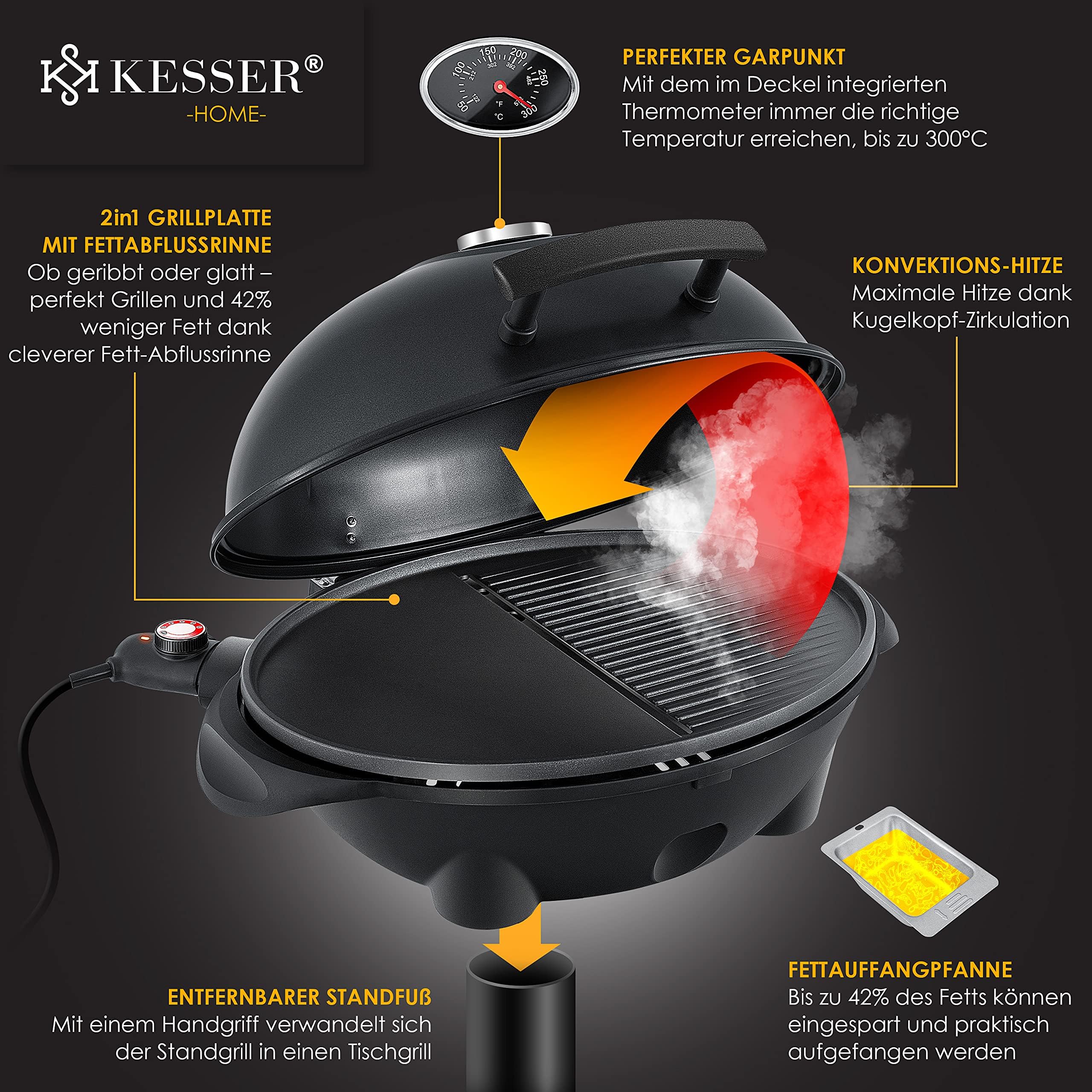 KESSER® elektrischer Elektrogrill 2in1 Tischgrill - Standgrill mit Deckel Standfuß | max. 2400 Watt Thermometer | Antihaftbeschichtung | XXL Grillplatte | integrierte Ablagefläche Elektro-Säulengrill