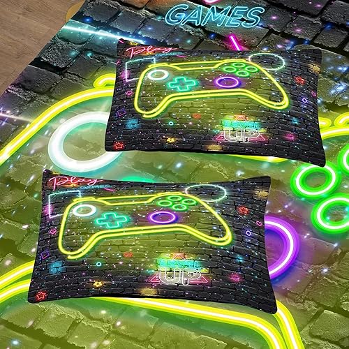 Miniatura 10 de NINENINE Juego de ropa de cama con estampado de videojuegos para niños, 5 piezas, tamaño Queen, cama de video de control de videojuegos en una