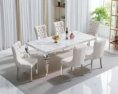 Miniatura 28 de Juego de mesa de comedor de mármol sintético, 7 piezas, juego de mesa de cocina y comedor para 6, mesa de comedor rectangular blanca de 70 pulgadas