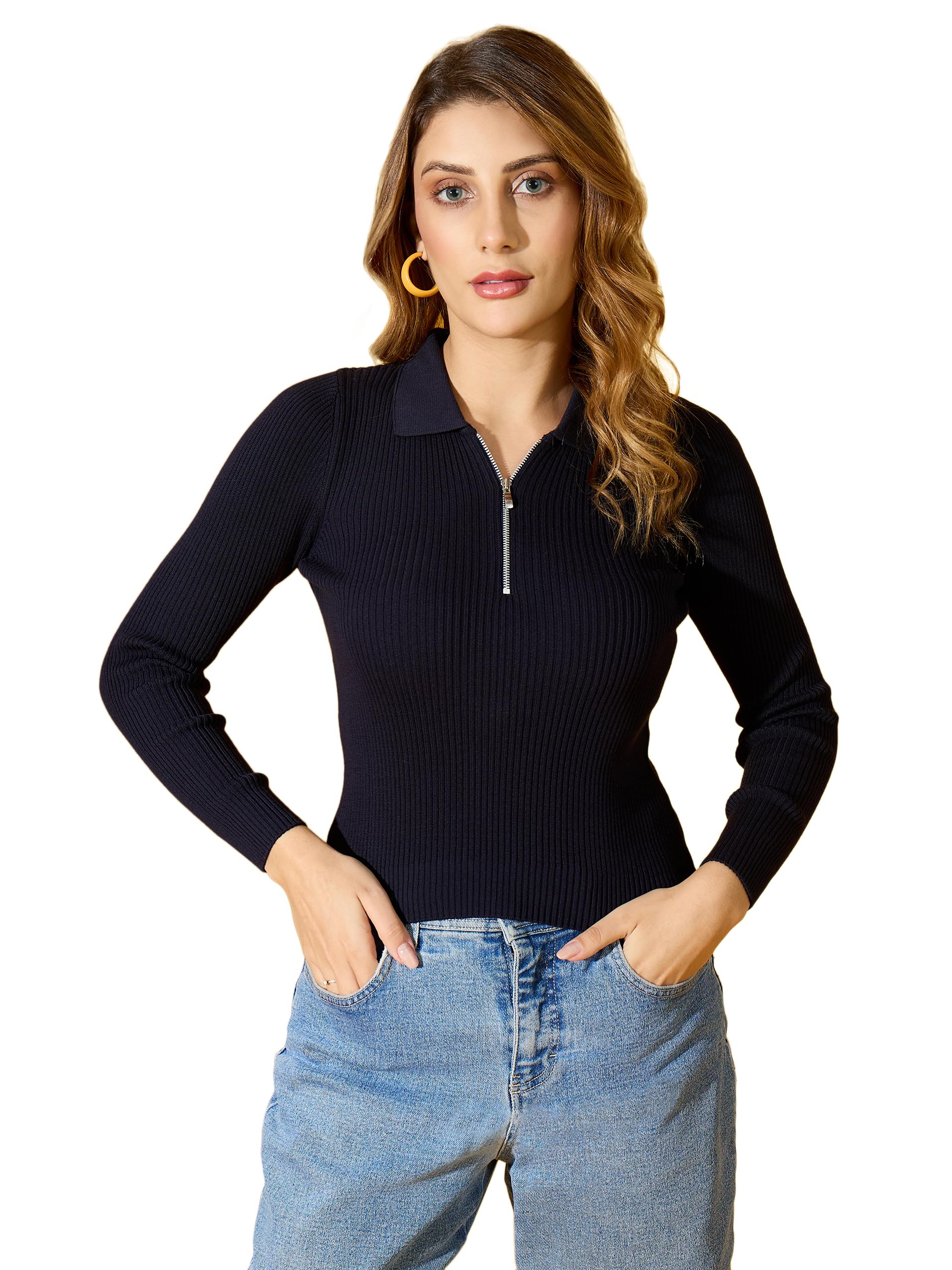 98 Degree North Women Ribbed Zipper Collar Neck Pullover-G1572-NAVY