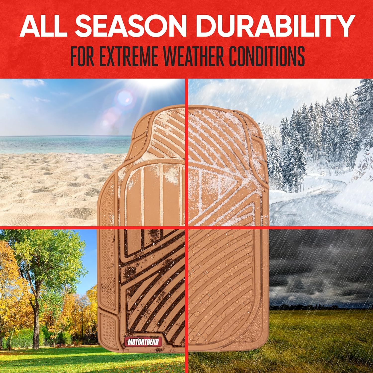 Motor Trend FlexTough Performance All Weather Rubber Car Floor Mats - 3 Piece Floor Mats Automotive Liners for Cars Truck SUV, Heavy-Duty Waterproof (Beige) - Image 4