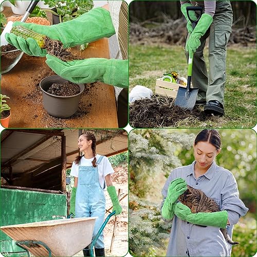 Miniatura 6 de HANDLANDY - Guantes de jardinería de cuero para mujer, guantes largos a prueba de espinas, guantes de jardín resistentes, longitud hasta el codo,