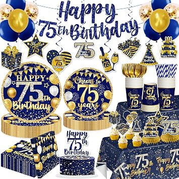 213pcs 75th Birthday Decorations, 50 300gsm Plates 24 Cupcake Toppers Prethreaded Happy 75th Birthday Banner and 2 Waterproof Tablecloths Suitable for 75th Birthday