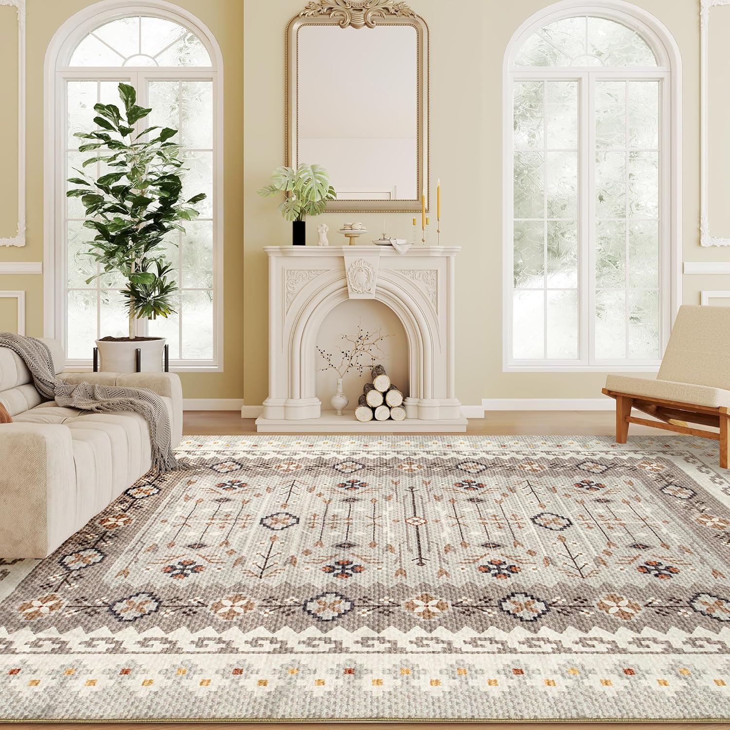 HOMCOM Machine Washable Area Rug, 8 x 10 Vintage Oriental Medallion Distressed Rugs for Living Room, Non-Slip Low Pile Boho Carpet for Bedroom Dining Room, Soft Printed Floor Mat, Brown