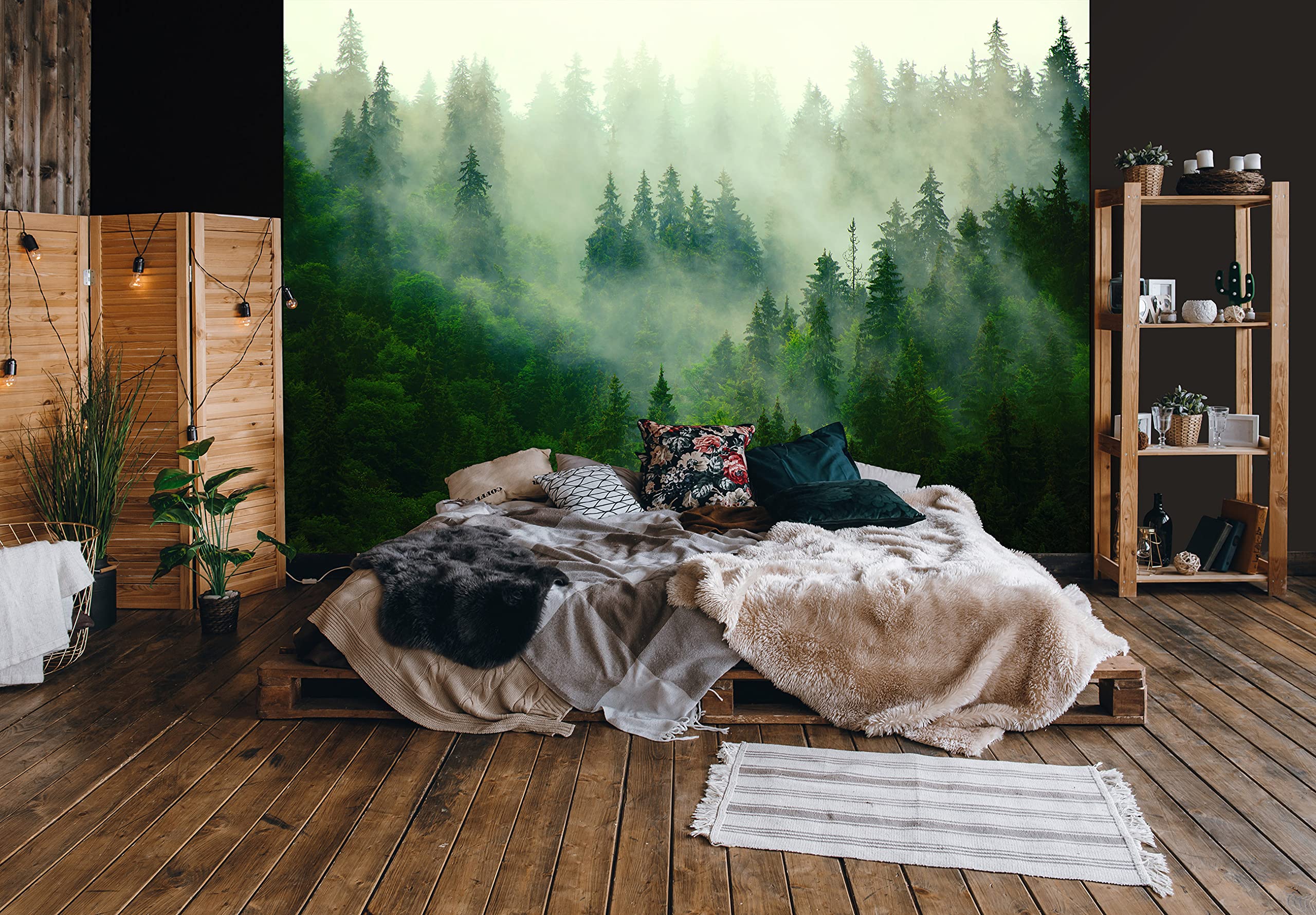 Fototapeta z włókniny, motyw lasu w mgle i drzew, panorama, naturalna, efekt 3D, łącznie z klejem do salonu, sypialni, tapeta ścienna, odporna na działanie promieni UV, gotowa do montażu (312 x 219 cm - 3 pasy)