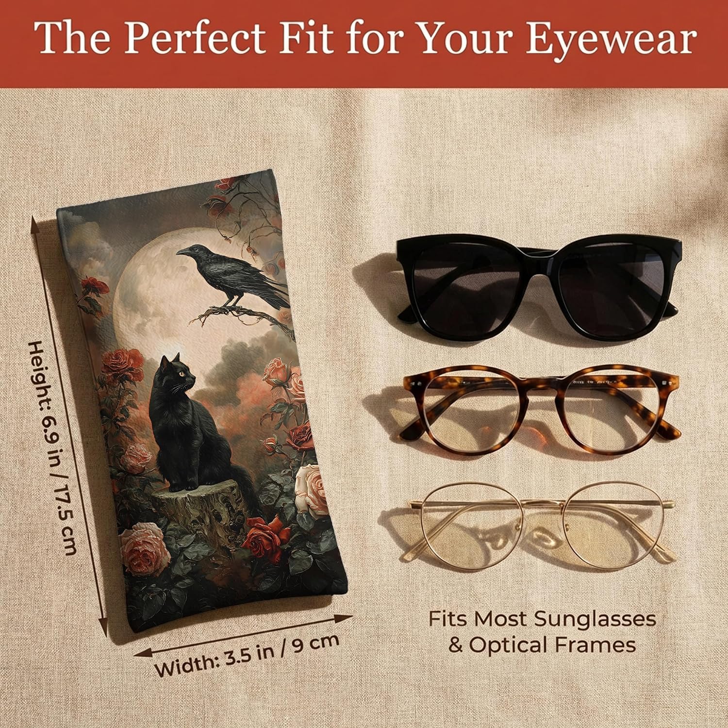 Glasses Case -PU Eyeglass Case Soft Travel Sleeve Gift for Men Women, Vintage Black Cat Floral Pattern Portable Anti-Scratch Sunglasses Case