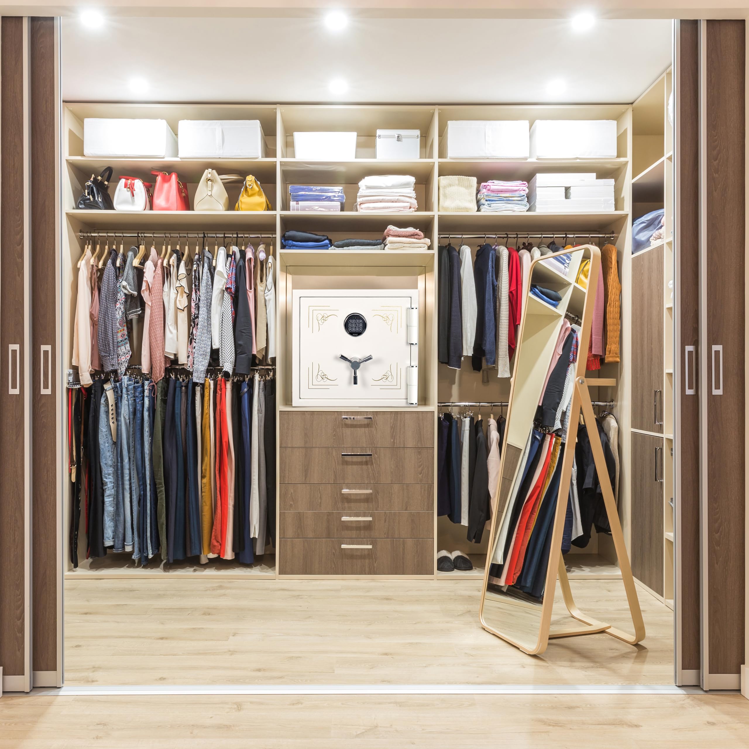 BARSKA Digital Keypad Fireproof Security Jewelry Safe with Wooded Drawer, Glass Shelf, Motion Sensor LED - White - 1.91 Cu Ft(no keys)