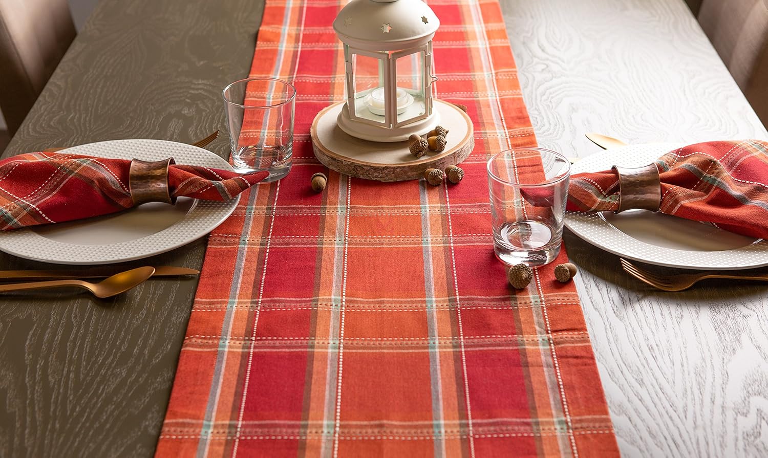 DII Autumn Pumpkin Spice Kitchen Collection Fall/Thanksgiving Cotton Table Décor, Table Runner, 14x72, Orange Plaid : Home & Kitchen