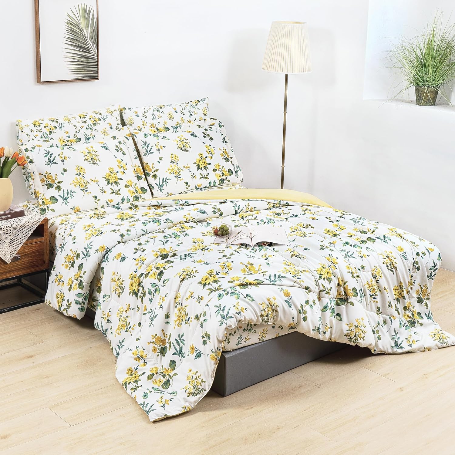 Floral Queen Comforter Set with Sheets, 7 Piece Luxury Vintage Bedding, Soft Microfiber Bed in a Bag, Cozy Lightweight Bed Set, Yellow Flower Green Leaves - Image 8