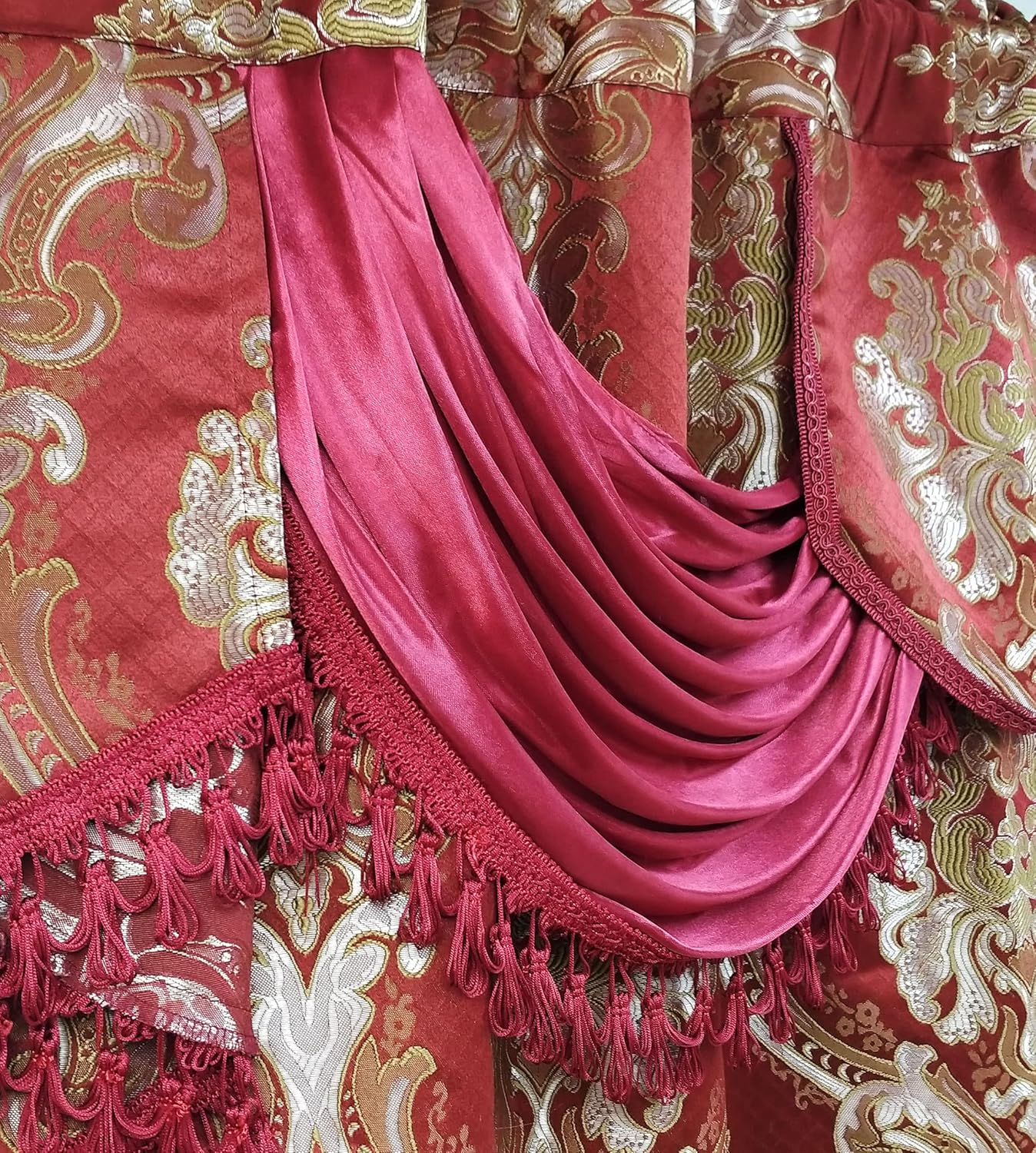 GOHD Luxe Love. Jacquard Window Curtain Panel Drape with Attached Fancy Valance. 2pcs Set. (Wine, 54" Wide x 84" Drop with 18" Valance x 2pcs)