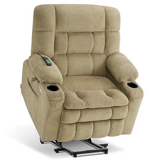 MCombo Dual Motor Power Lift Recliner Chair for Elderly, Lay Flat Lift Chair with Heat and Massage, Petite Wide Lift Chair, Cup Holders, USB A&C Ports, Fabric R7894 (Small-Wide, Beige)