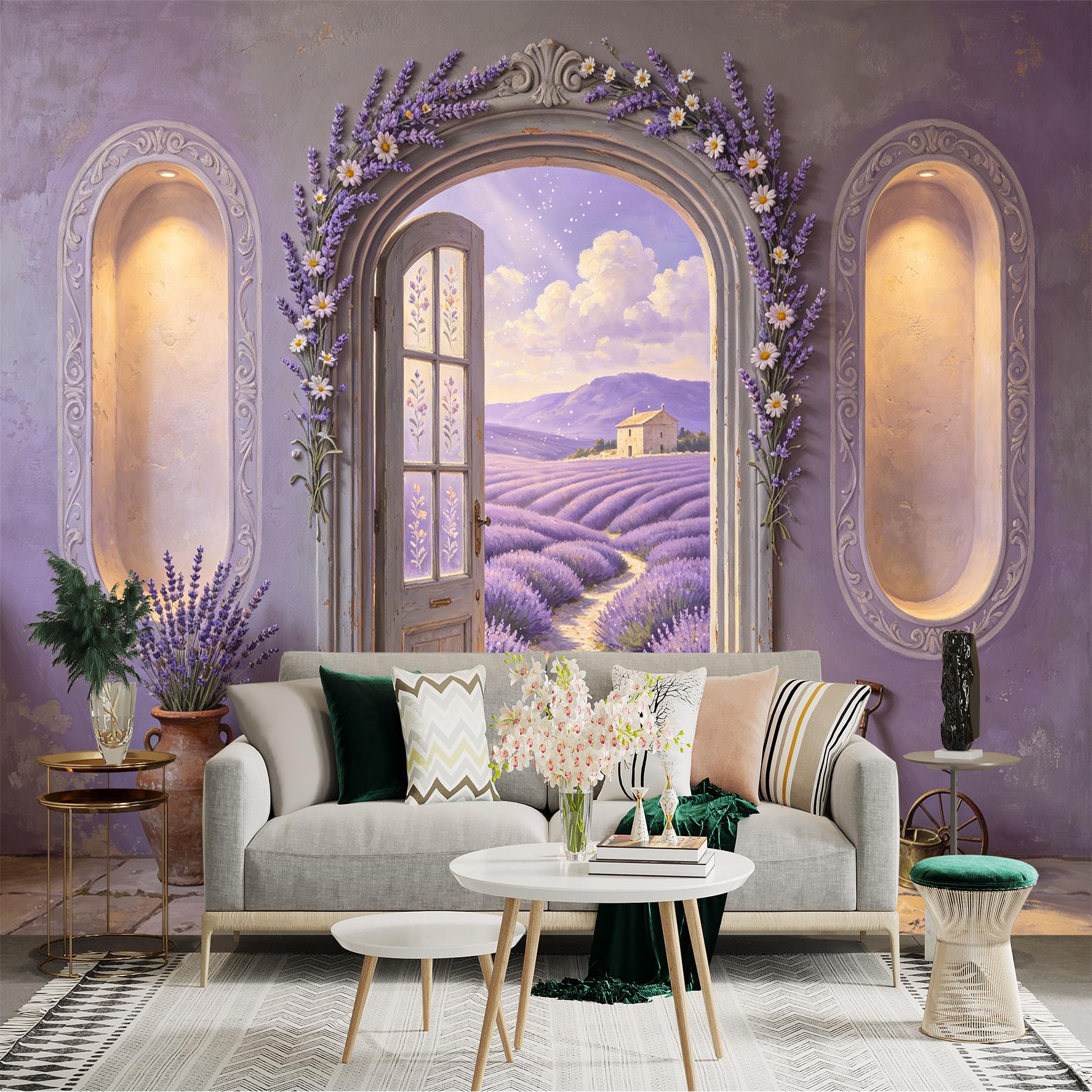 Custom Size Wall Sticker Mural， Rustic Doorway Lavender Field Cottage Landscape， for wall Decoration， peelandstick wall Decals.