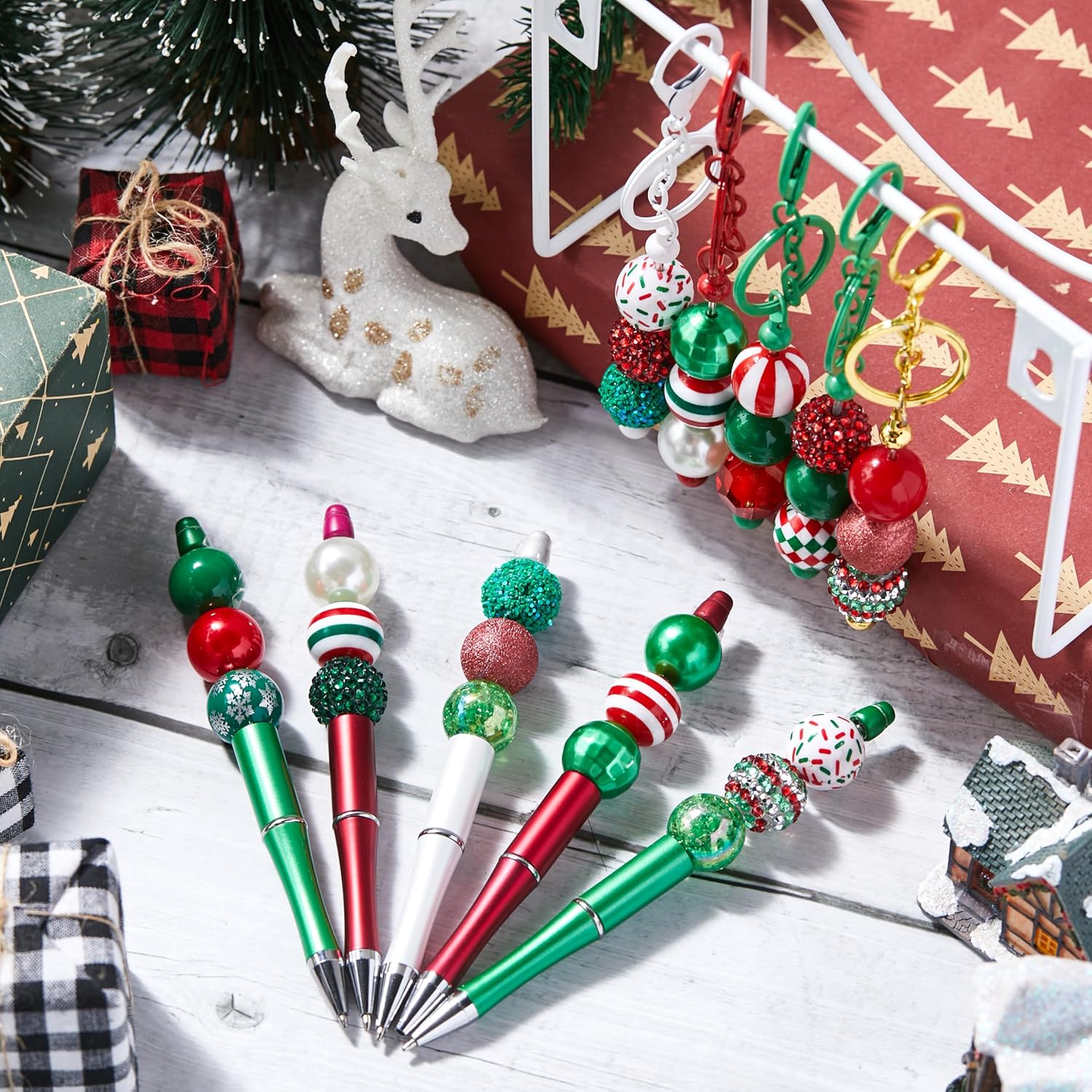 40 Pcs 20mm Christmas Bead for Pen Rhinestone Bubblegum Bead Mixed Crystal Resin Chunky Sugar for Pen Beadable Keychain DIY Craft Jewelry Making Supply(Red, Green and White) - Image 6