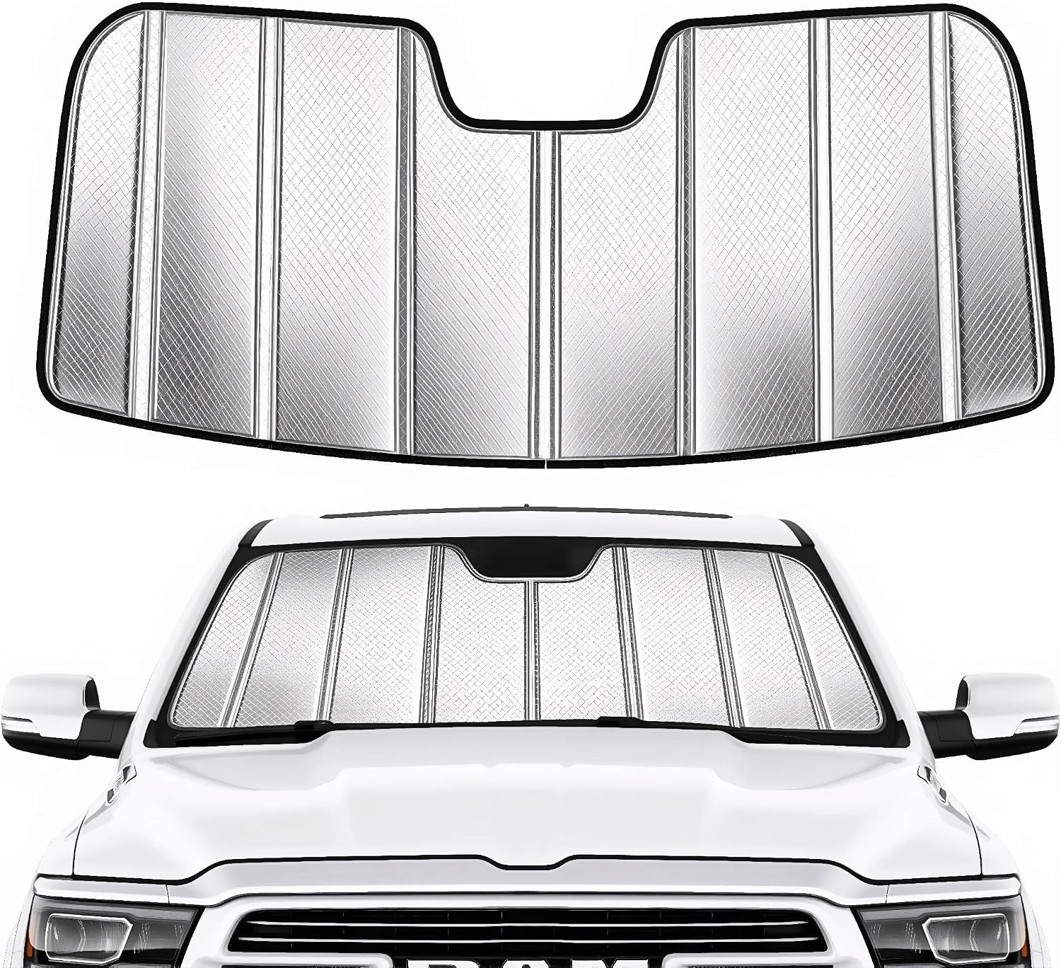 Custom Fit Windshield Sun Shade for Ram 2500/3500/4500/5500 2019-2026 with 5 inch Wide Sensor, Foldable 3-Layer High Reflective Silver Sunshade, Blocks UV Rays & Reduces Cabin Heat