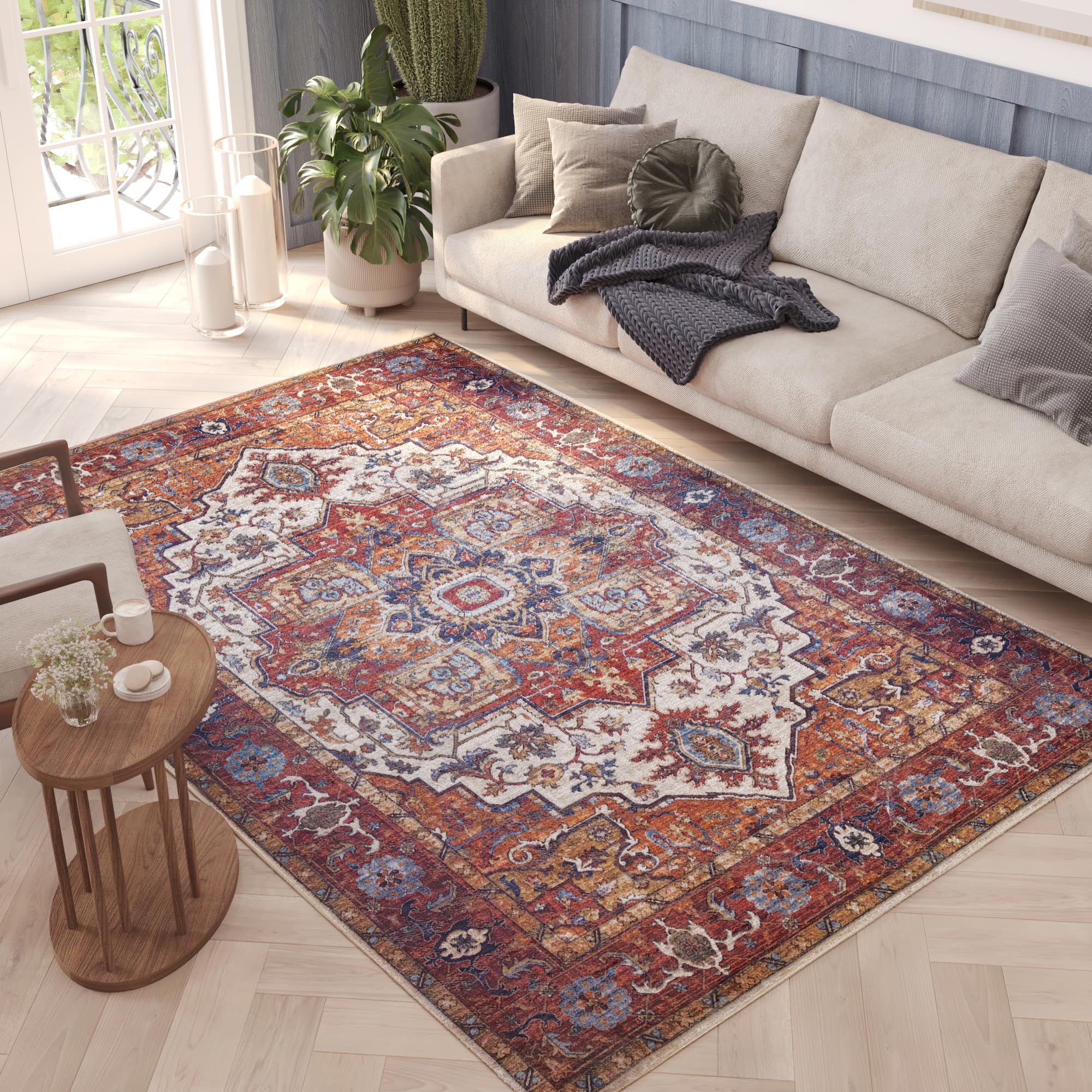 TAPISO Flannel Tapis Poils Ras Antidérapant Lavable Classique Marron Bleu Beige Ornamental Rosace Bordure Tapis Salon Chambre Salle à Manger Oeko-TEX Résistant 140 x 200 cm