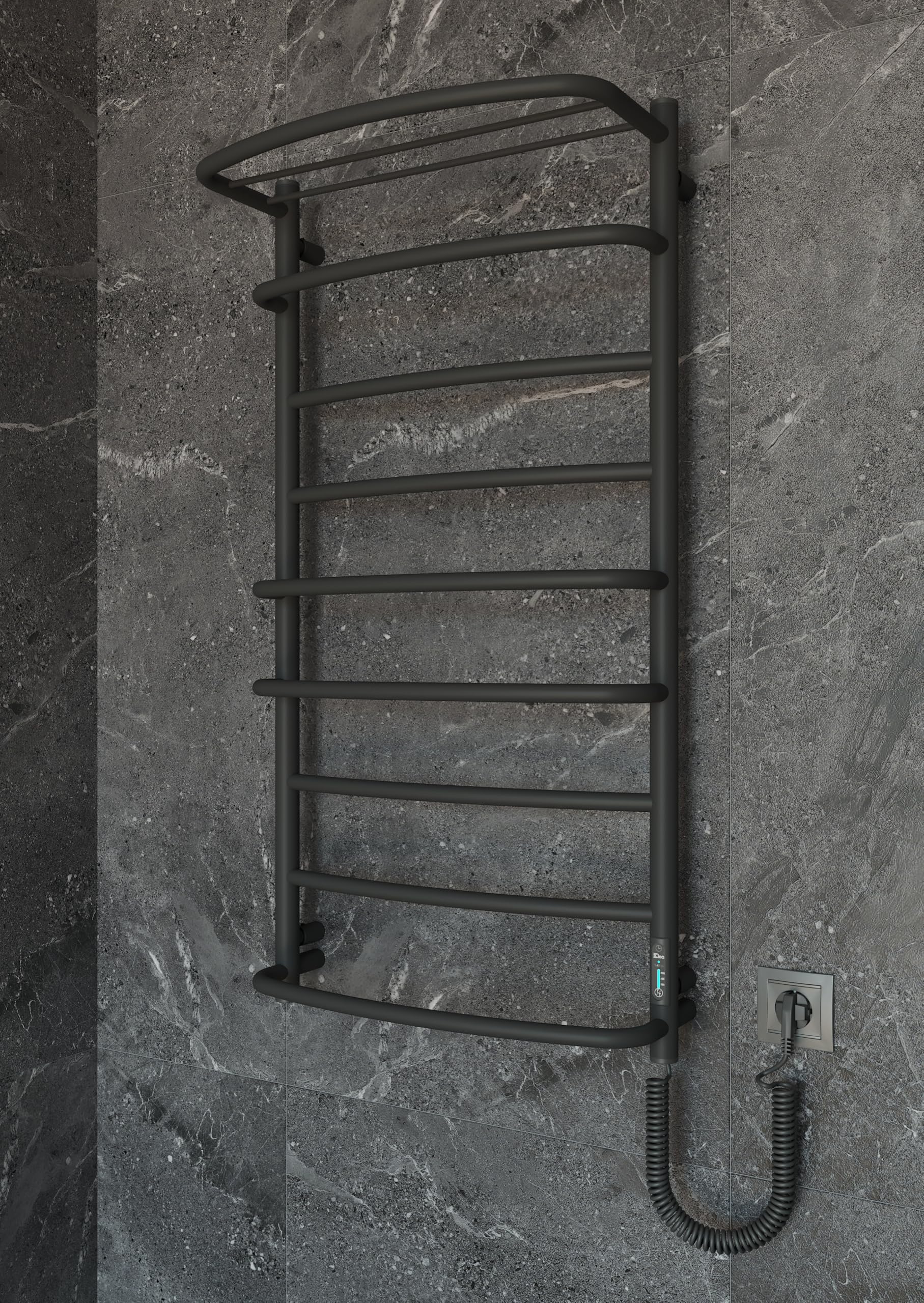 Elna Grzejnik na ręczniki, czarny, 194 W, 1010 x 530 mm, elektryczny z półką – do użytku na co dzień, do domu i mieszkania – matowa czerń – z termostatem, timerem i ekologicznym – IP44 – montaż