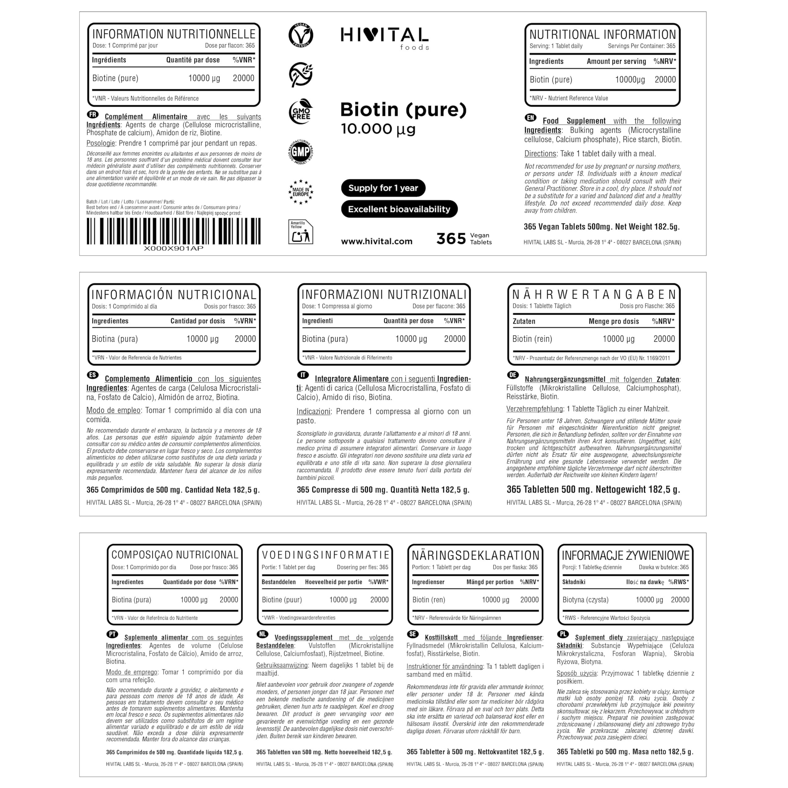 Biotine pure 10000 mcg (Vitamine B7). 365 comprimés pour un an de traitement. Convient aux végétaliens. Absorption, rétention et efficacité maximales du produit. Fabriqué en Europe par HIVITAL
