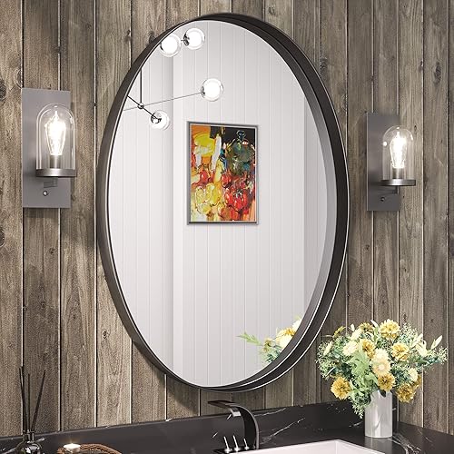 TETOTE Espejo ovalado negro de 24 x 36 pulgadas, espejo de pared con marco negro mate para tocador, moderno espejo de pared ovalado inastillable