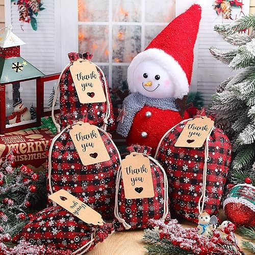 Vista 46 de Shappy 24 bolsas de regalo de Navidad con cordón, bolsas de Adviento de arpillera a cuadros de Navidad, 7 x 5 pulgadas, bolsa de lino para dulces
