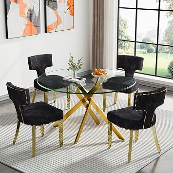 Henf 47.25" Round Dining Table Set for 4, 5-Piece Modern Glass Dining Table and Linen Dining Chairs Set of 4, Round Gold Table and Black Chairs Set with Steel Legs for Kitchen Dining Room