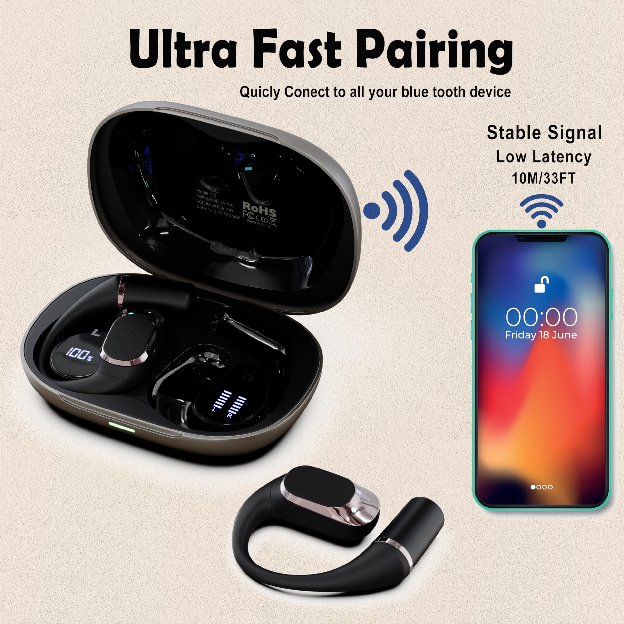 Bone Conduction Headphones Wireless Earbuds - Comfort Open Ear Headphone, Clip On Bluetooth 5.3 Ear Buds, Built-in Microphone HIFI Sound Running - View #3