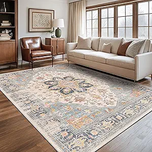 Rugland 6x9 Area Rugs - Stain Resistant Washable Rug, Anti Slip Rugs for Living Room, Vintage Tribal Area Rugs(TPR11-Blue, 6'x9')