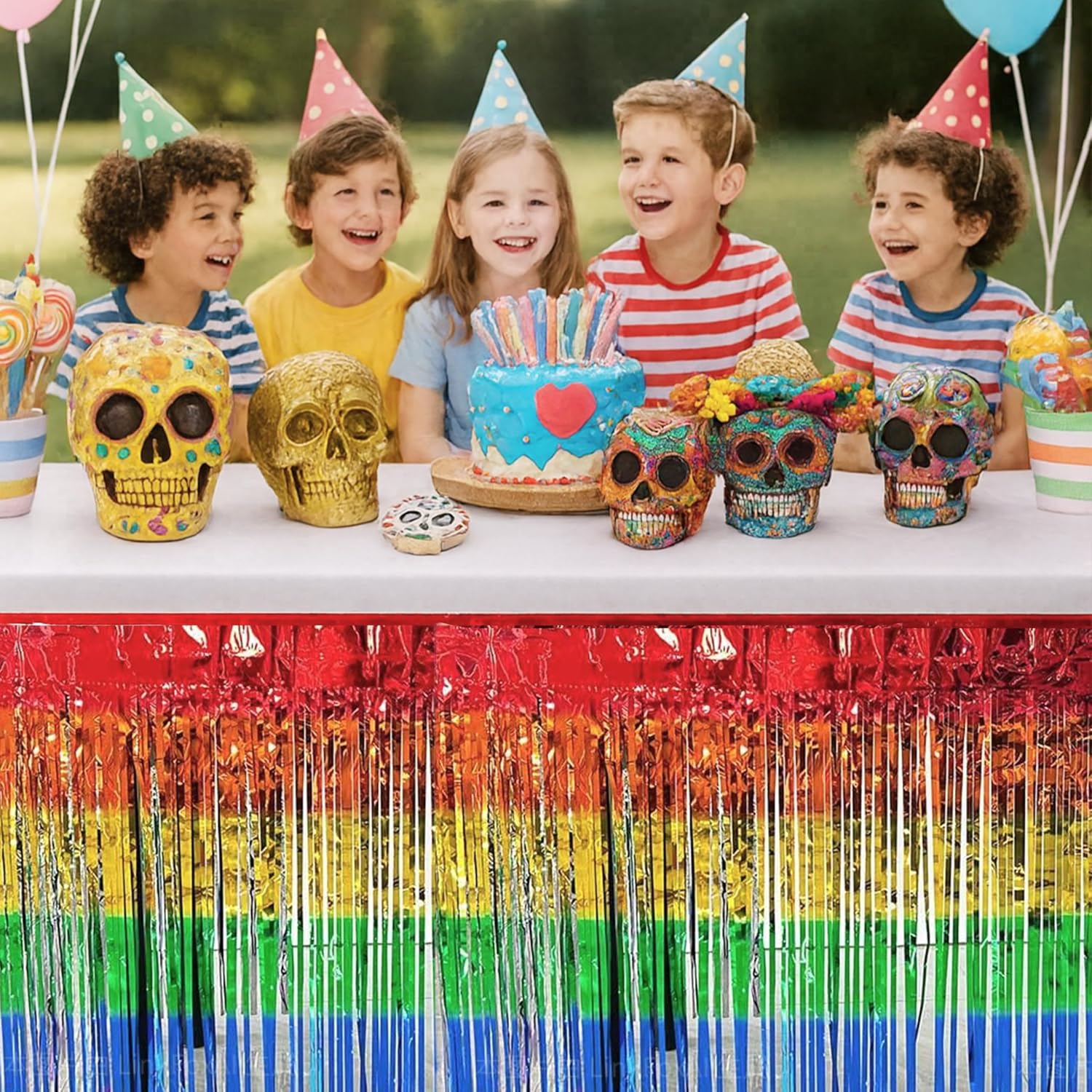 2 Pack Wavy Metallic Tinsel Foil Fringe Rainbow Table Skirt, Vibrant Rainbow Table Decorations, Perfect for Birthday Parties, Holiday Celebrations and Super Simple Songs Party Themes