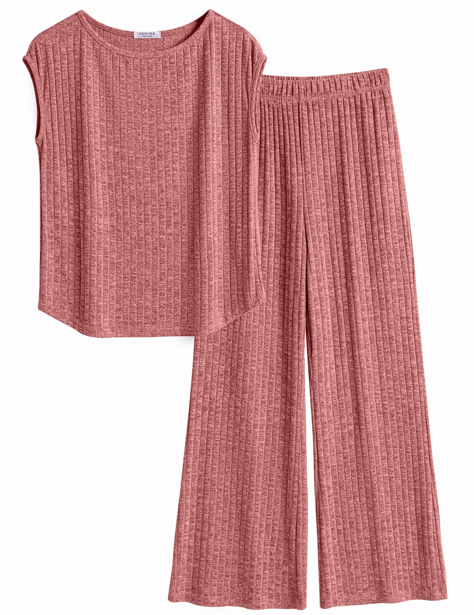 Ekouaer 2 Piece Lounge Sets for Women Matching Summer Outfits Casual Ribbed Knit Cap Sleeve Wide Leg Pants Sets