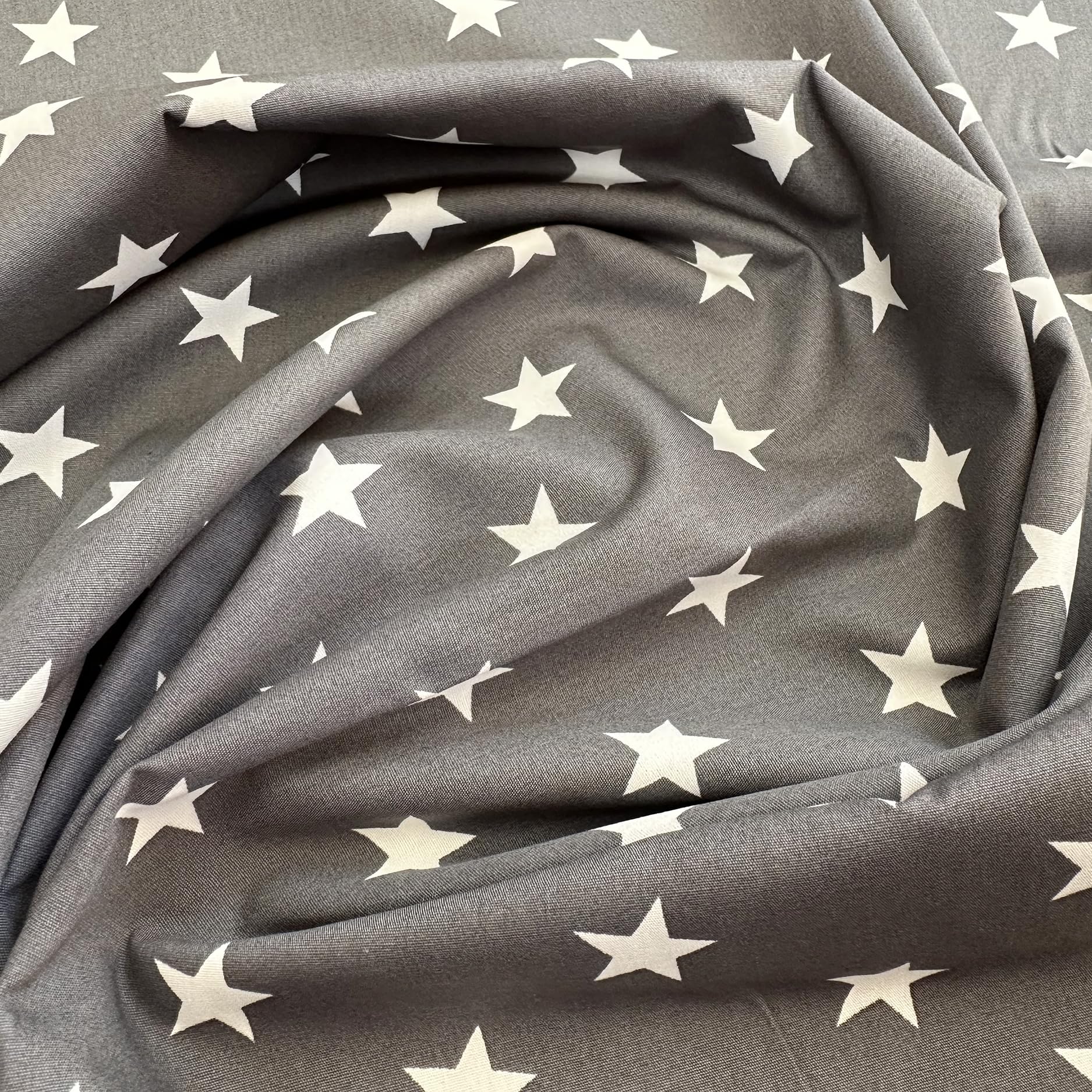 Dark Grey & White Star Print Fabric - 100% Cotton Craft Fabric Material Metre