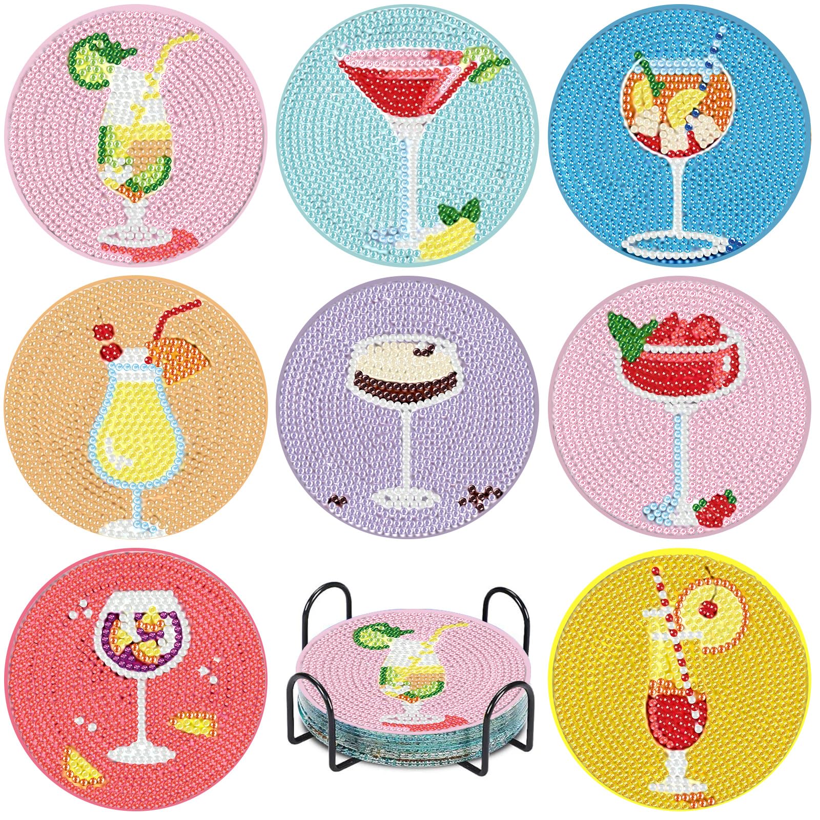Miquans Art 8 Stück Diamond Painting Untersetzer Mit Halter, Cocktail Diamant Painting für Basteln Erwachsene, DIY Bottom Non-Slip Zubehör für Wohndekoration, Erwachsene