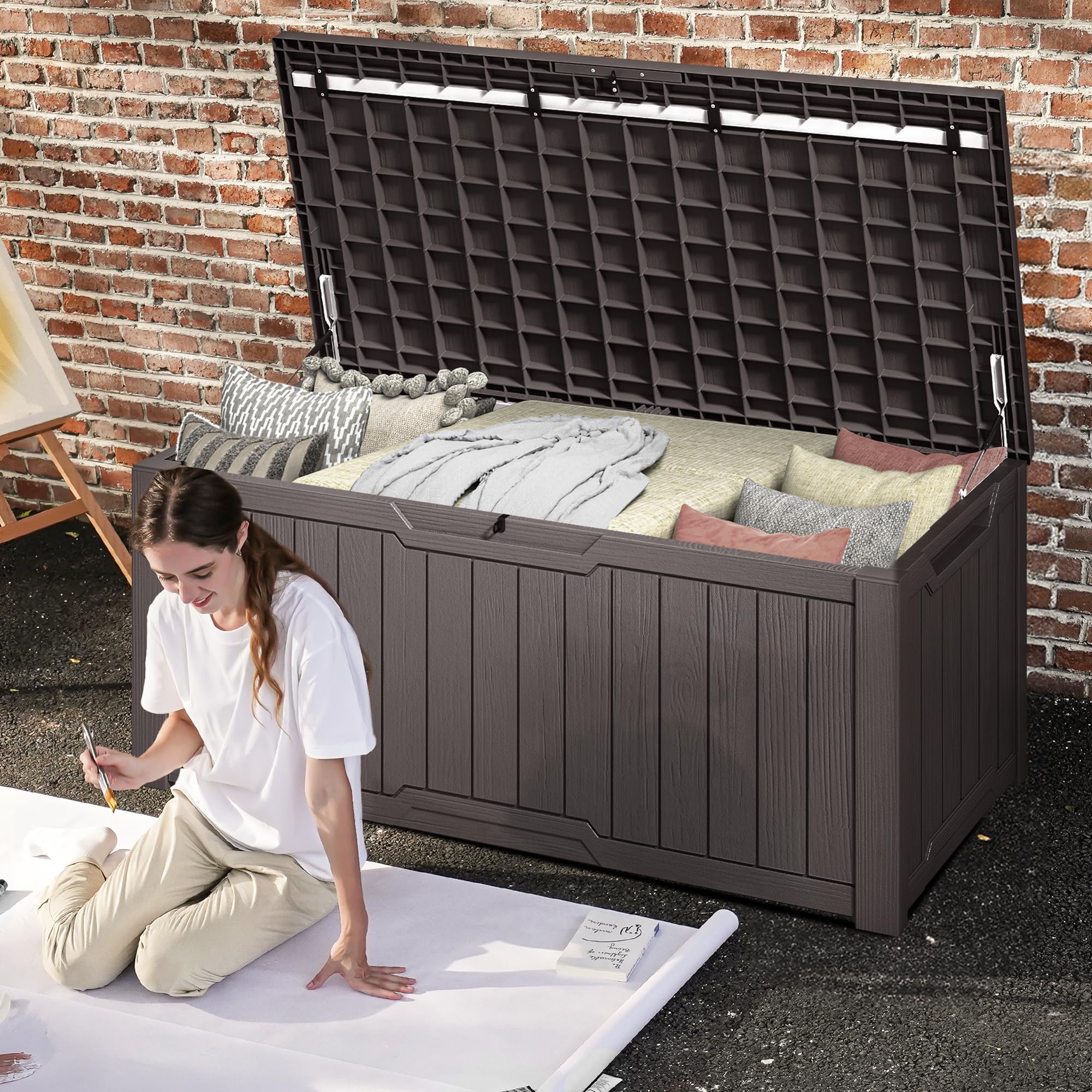 DWVO Scatola portaoggetti da giardino per esterni, 450 l, 142,1 x 67,6 x 60 cm, impermeabile, con serratura sicura, maniglie per il trasporto laterali, resistente a tutte le intemperie, scatola in