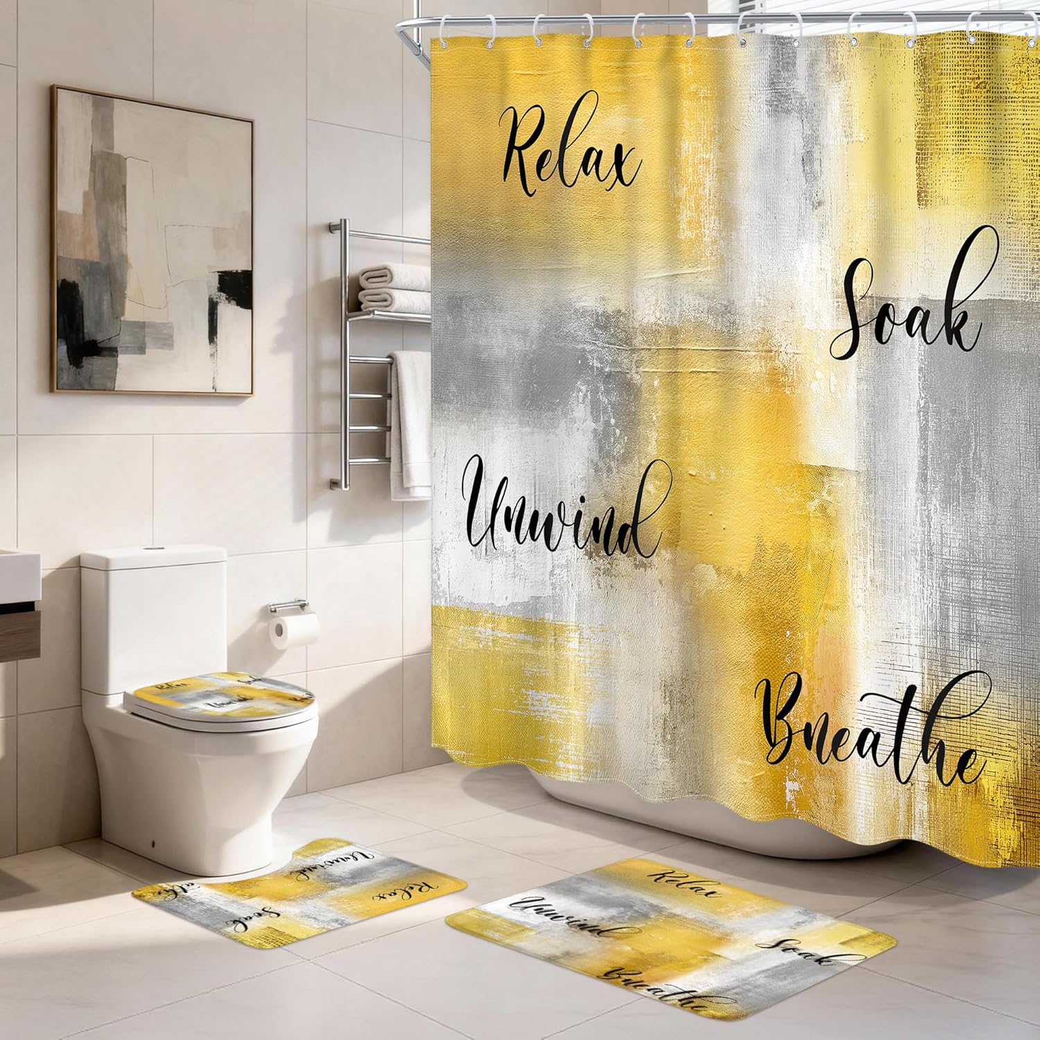 4 PCS Yellow Grey Shower Curtain Set, Modern Abstract Brush Complete Bathroom Sets Toilet Lid Cover Nonslip U Shape Mat, 72Wx72H Inch Oil Print Contemporary Rug Set Accessories with 12 Hooks
