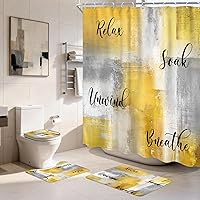 Vista 1 de Juego de 4 Piezas de Cortina de Ducha Amarilla y Gris, Juegos Completos de Baño con Cepillo Abstracto Moderno, Cubierta de Tapa de Inodoro, Tapete
