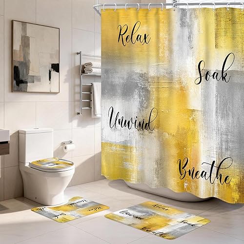 Juego de 4 Piezas de Cortina de Ducha Amarilla y Gris, Juegos Completos de Baño con Cepillo Abstracto Moderno, Cubierta de Tapa de Inodoro, Tapete