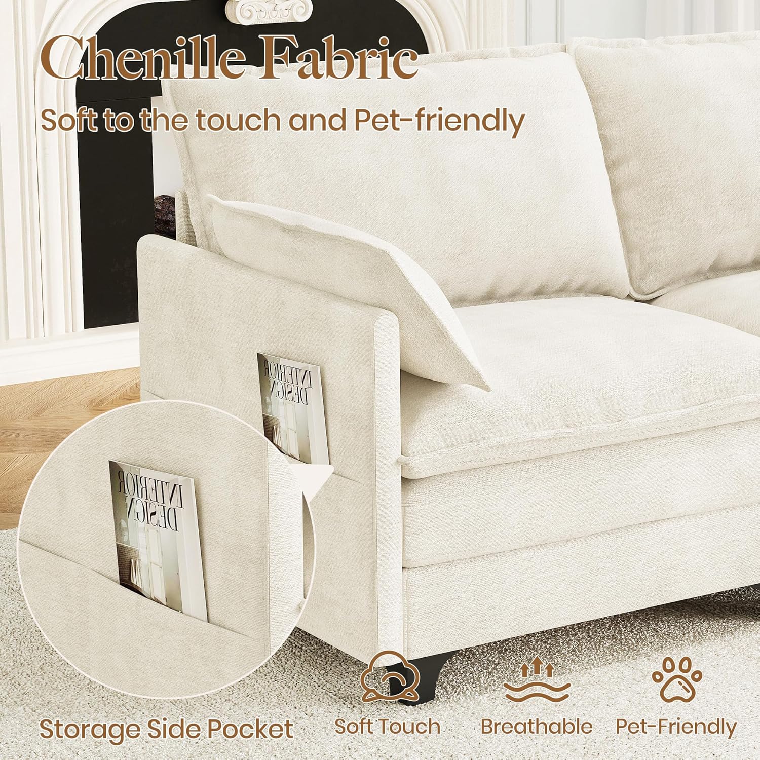 71.9" Loveseat Modular Sectional Sofa, Chenille Cloud Couch with Armrest Pillows, Modern 2 Seater Deep Seat Couches with Side Pocket for Living Room, Bedroom and Apartment, Beige