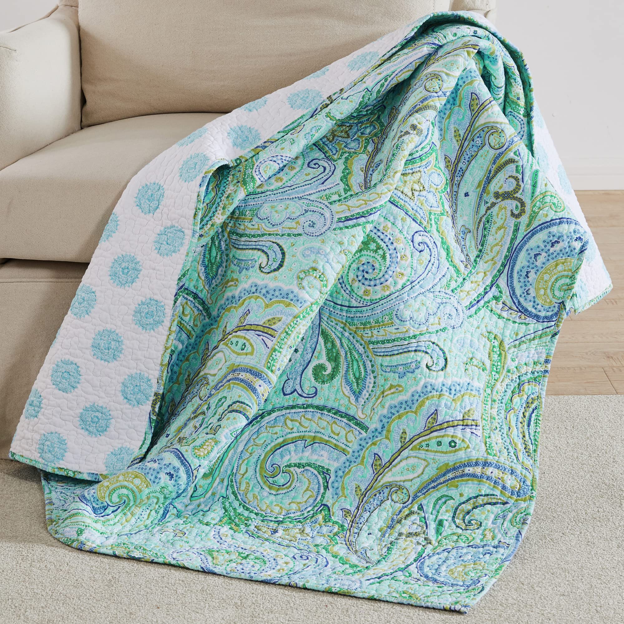 Levtex Home - Spruce Teal - Throw - Paisley - Teals, Greens and Blues - Quilt (50x60in.) and Sham 50x60in. - Cotton