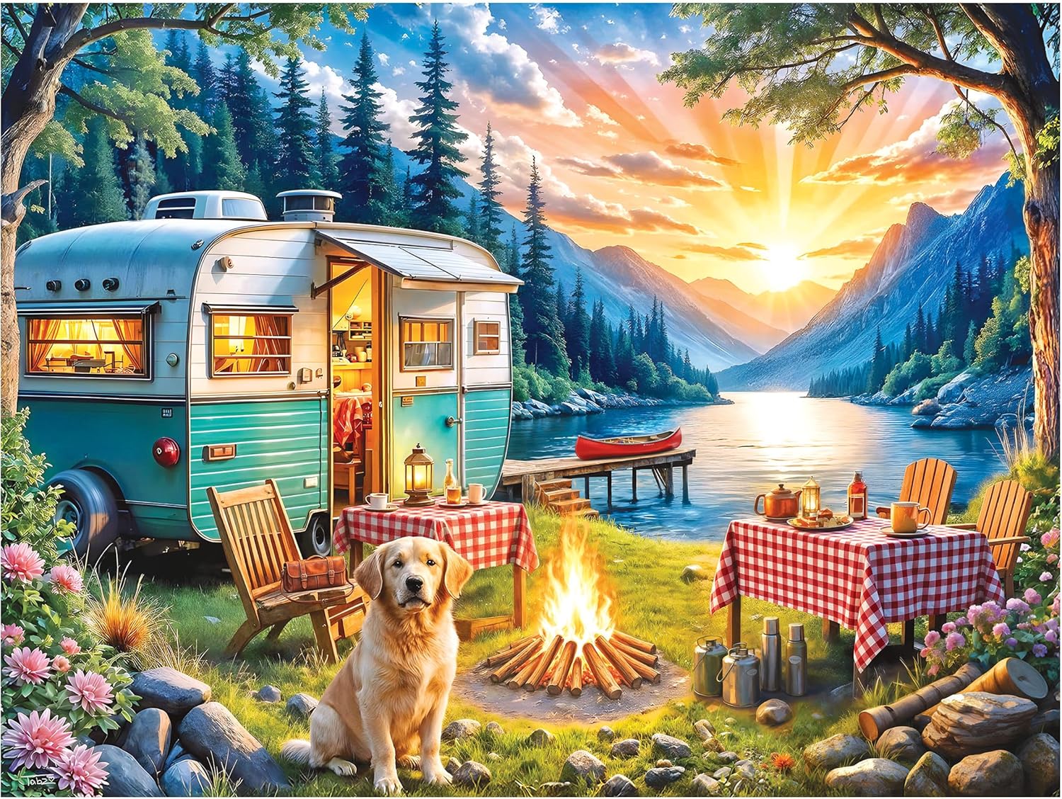 RoseArt - Kodak Premium 350 Piece Puzzle - Sunset Camper with Golden Retriever, Vibrant Lakeside Scene, Jigsaw Puzzle for Adults, 24" x 18" Finished Size