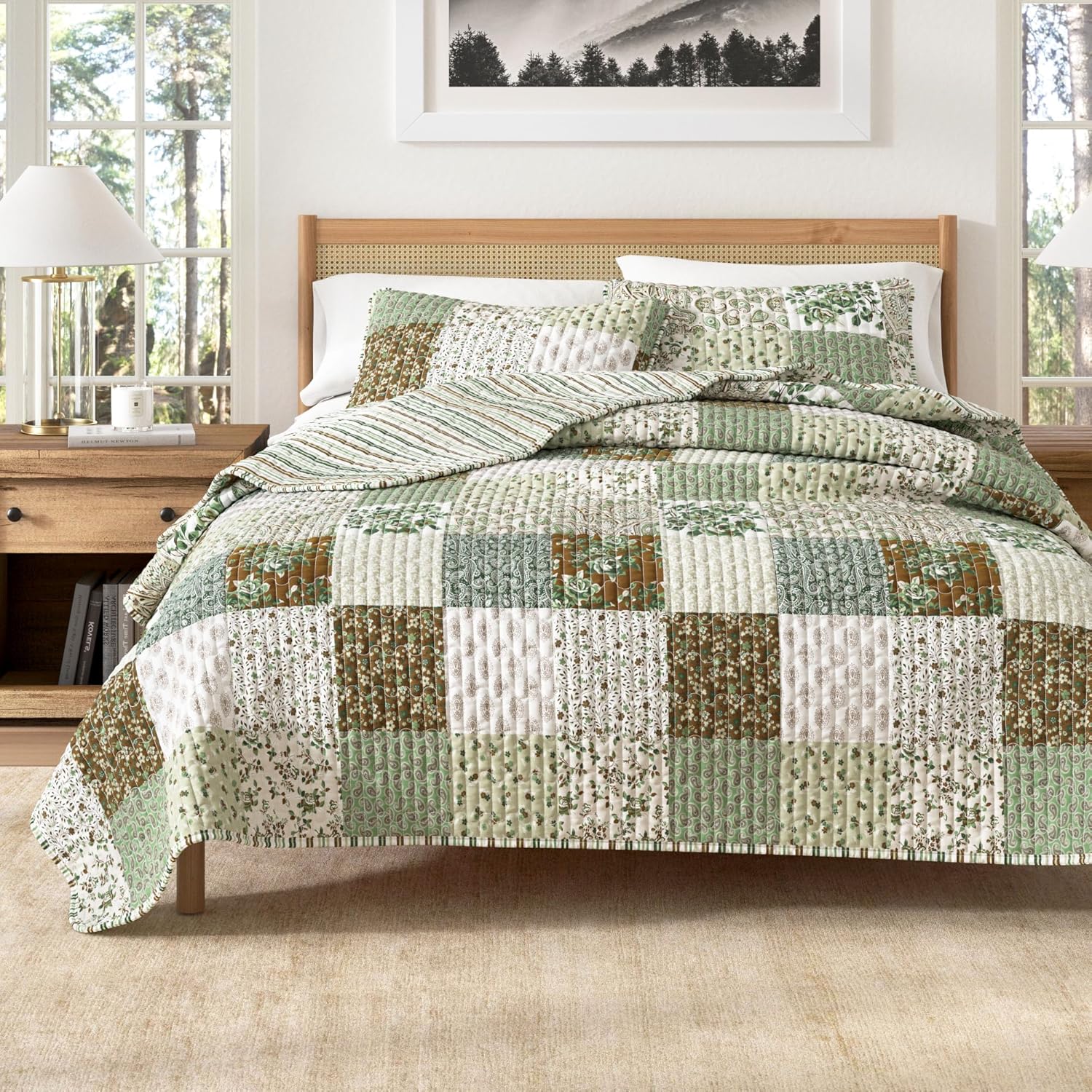Great Bay Home Lodge Quilt Set - 3-Piece Full/Queen Size Rustic Bedding Set - Lightweight, All-Season, Reversible Bedspread (Floral Grid - Brown)