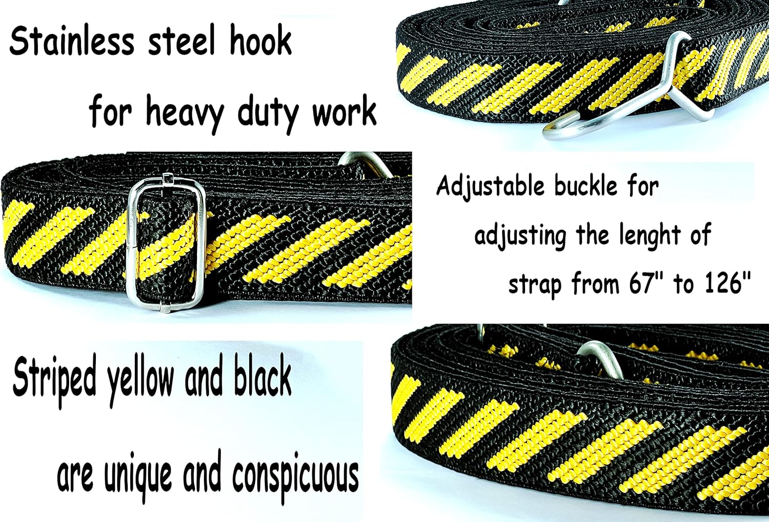 Flat Bungee Cord with Steel Hooks Adjustable Length 67"-126", Heavy Duty Bungee Strap for Outdoor Bikes, Gardening, Camping, Trucking, Hand Carts (Yellow & Black)