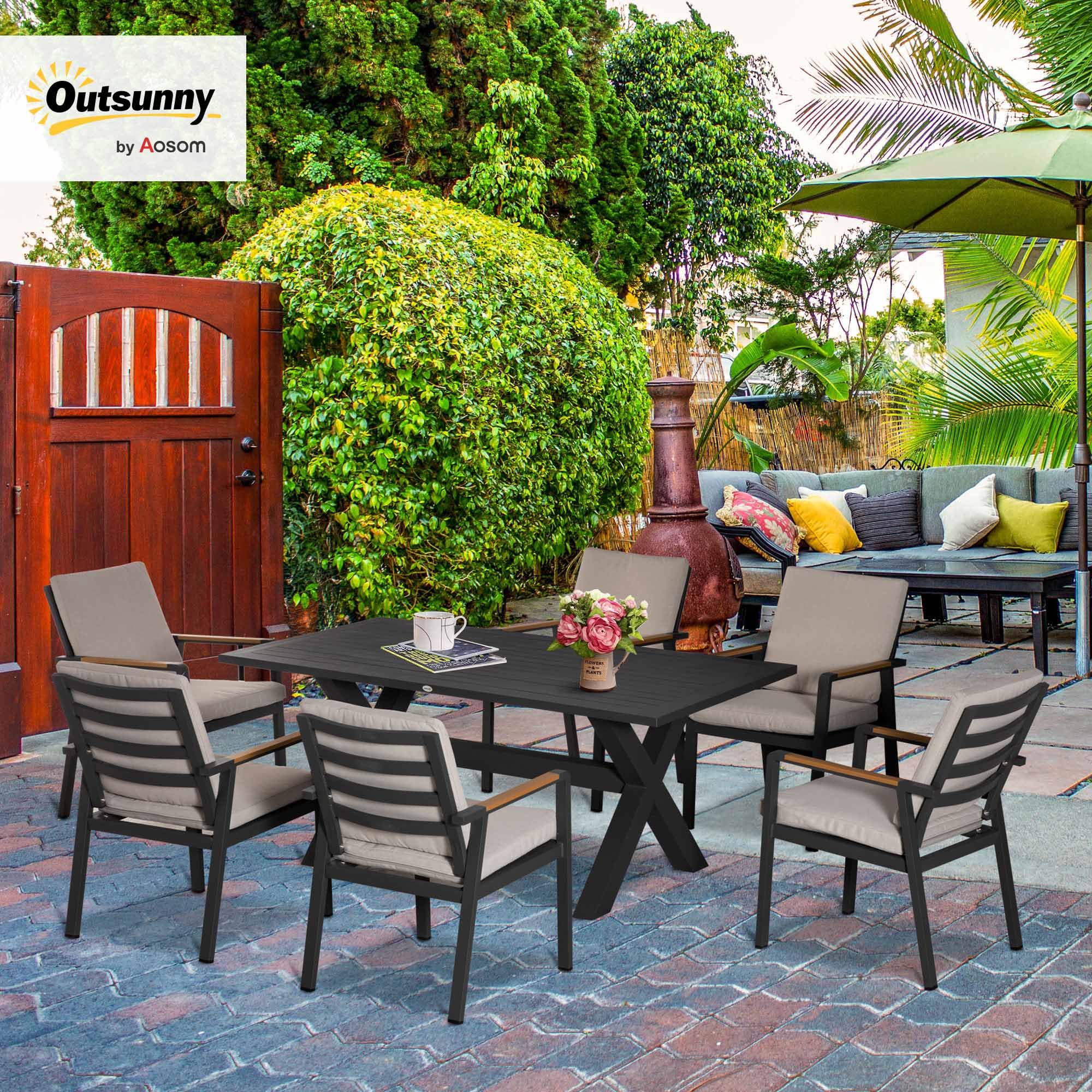 Outsunny Sitzgruppe 7tlg. Balkonset Essgruppe Balkonmöbel 1 Tisch+6 Stühle Gartenmöbel Set Sitzgarnitur mit Auflagen wetterfest Aluminiumrahmen Schwarz+Grau