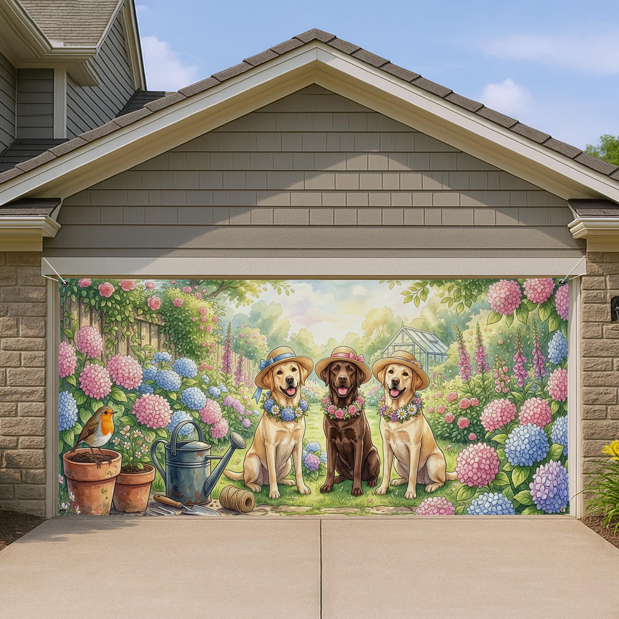 Housse de porte de garage pour chiens : masquez une façade usée avec un décor floral géant