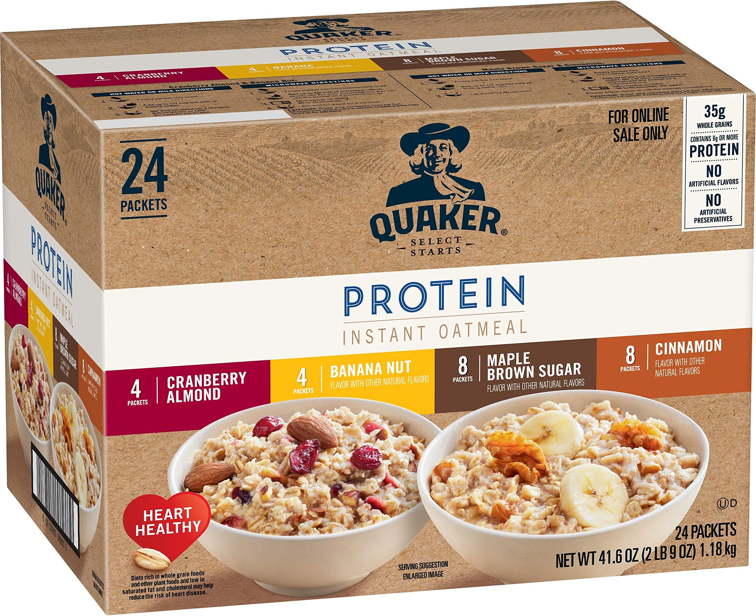 Quaker Protein Instant Oatmeal, 4 Flavor Variety Pack, 12g Protein per Serving, Whole Grains, No Artificial Flavors, No Added Colors, (24 Pack)